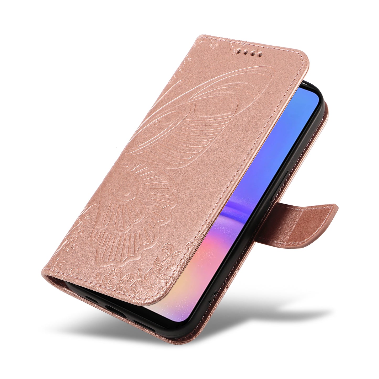 For Samsung Galaxy A06 Case Butterfly Pattern Leather Wallet Flip Phone Cover - Rose Gold