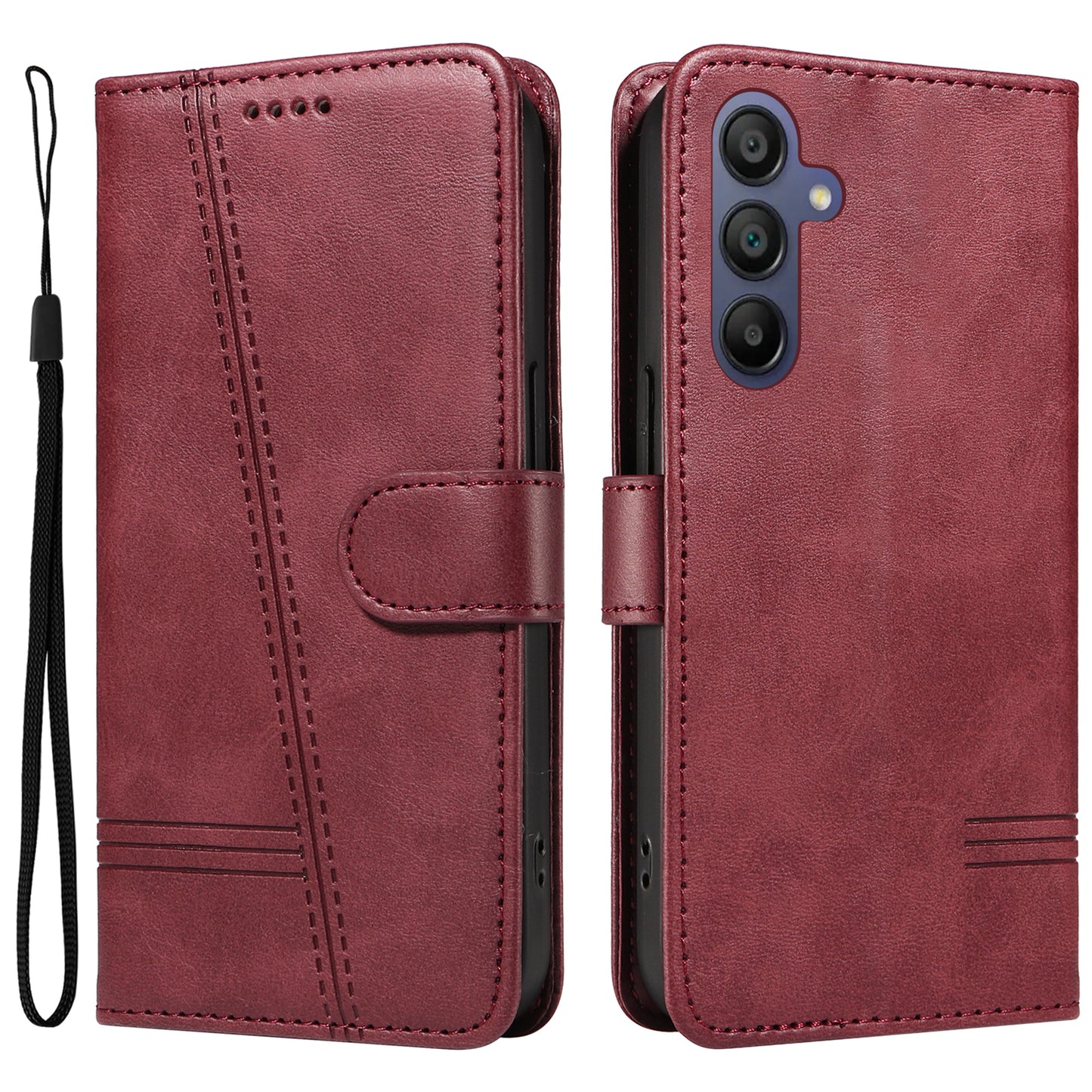 For Samsung Galaxy A16 5G / A16 4G Case Flip Wallet T-Shape Lines Leather Phone Cover - Wine Red