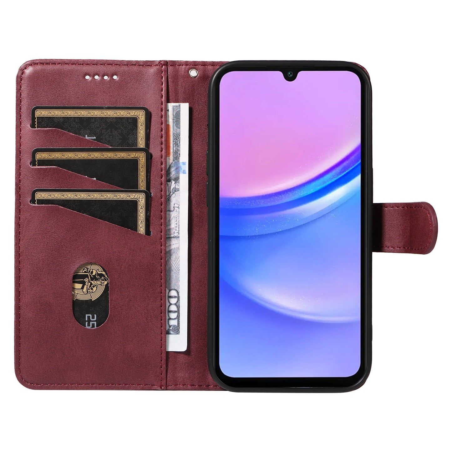 For Samsung Galaxy A16 5G / A16 4G Case Flip Wallet T-Shape Lines Leather Phone Cover - Wine Red