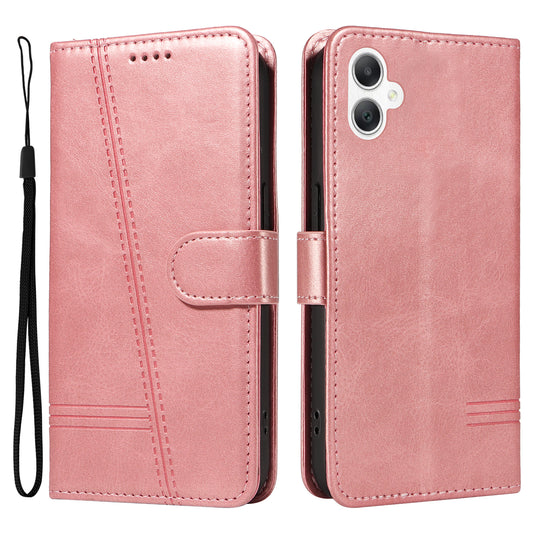 For Samsung Galaxy A06 Case Flip Wallet T-Shape Lines Leather Phone Cover - Rose Gold