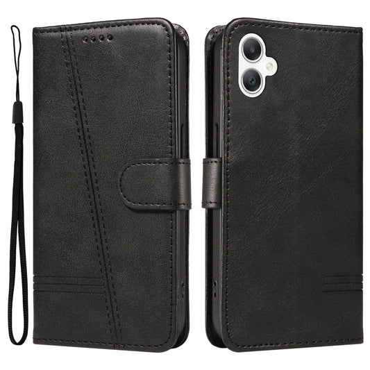 For Samsung Galaxy A06 Case Flip Wallet T-Shape Lines Leather Phone Cover - Black