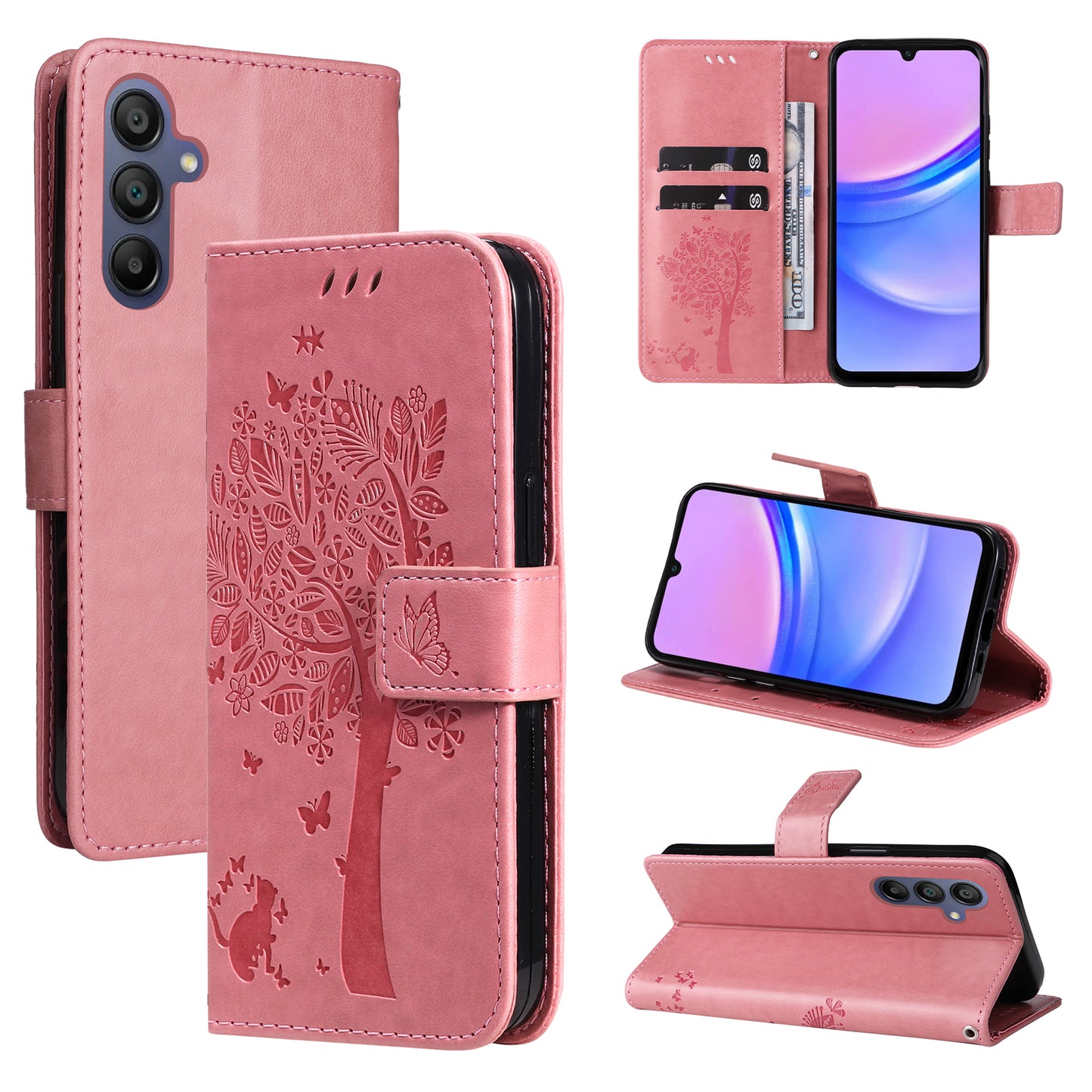 KT Imprinting Flower Series-3 For Samsung Galaxy A16 5G / A16 4G Case Cat Tree Pattern Flip Leather Phone Cover - Pink