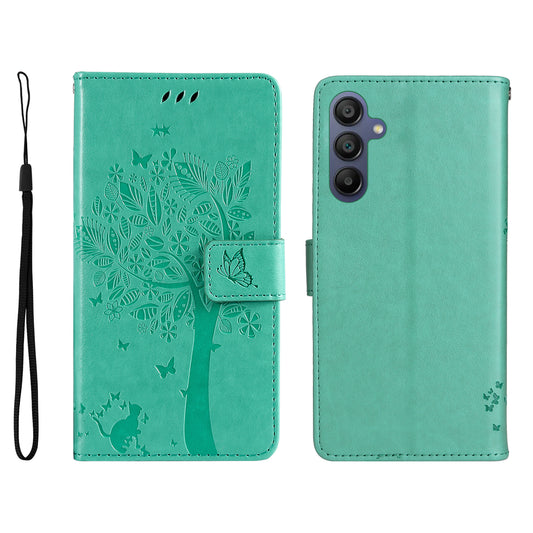 KT Imprinting Flower Series-3 For Samsung Galaxy A16 5G / A16 4G Case Cat Tree Pattern Flip Leather Phone Cover - Green