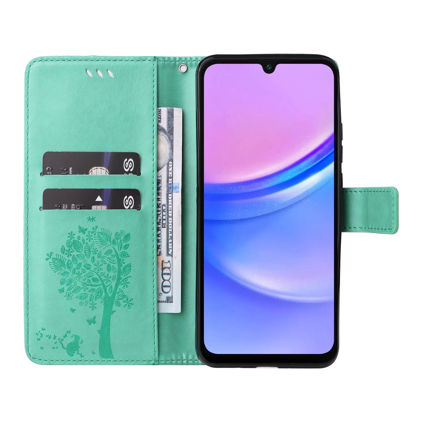 KT Imprinting Flower Series-3 For Samsung Galaxy A16 5G / A16 4G Case Cat Tree Pattern Flip Leather Phone Cover - Green