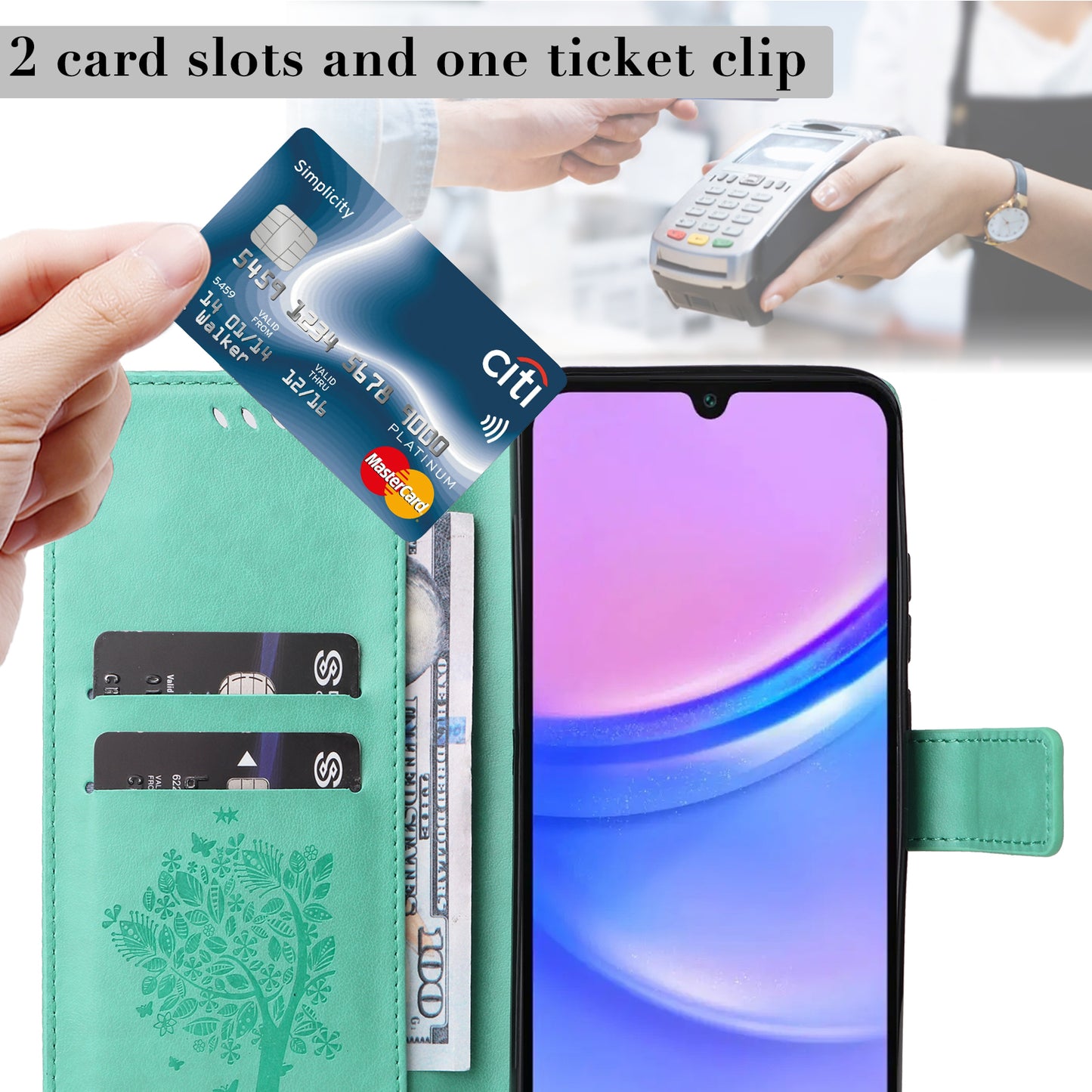 KT Imprinting Flower Series-3 For Samsung Galaxy A16 5G / A16 4G Case Cat Tree Pattern Flip Leather Phone Cover - Green