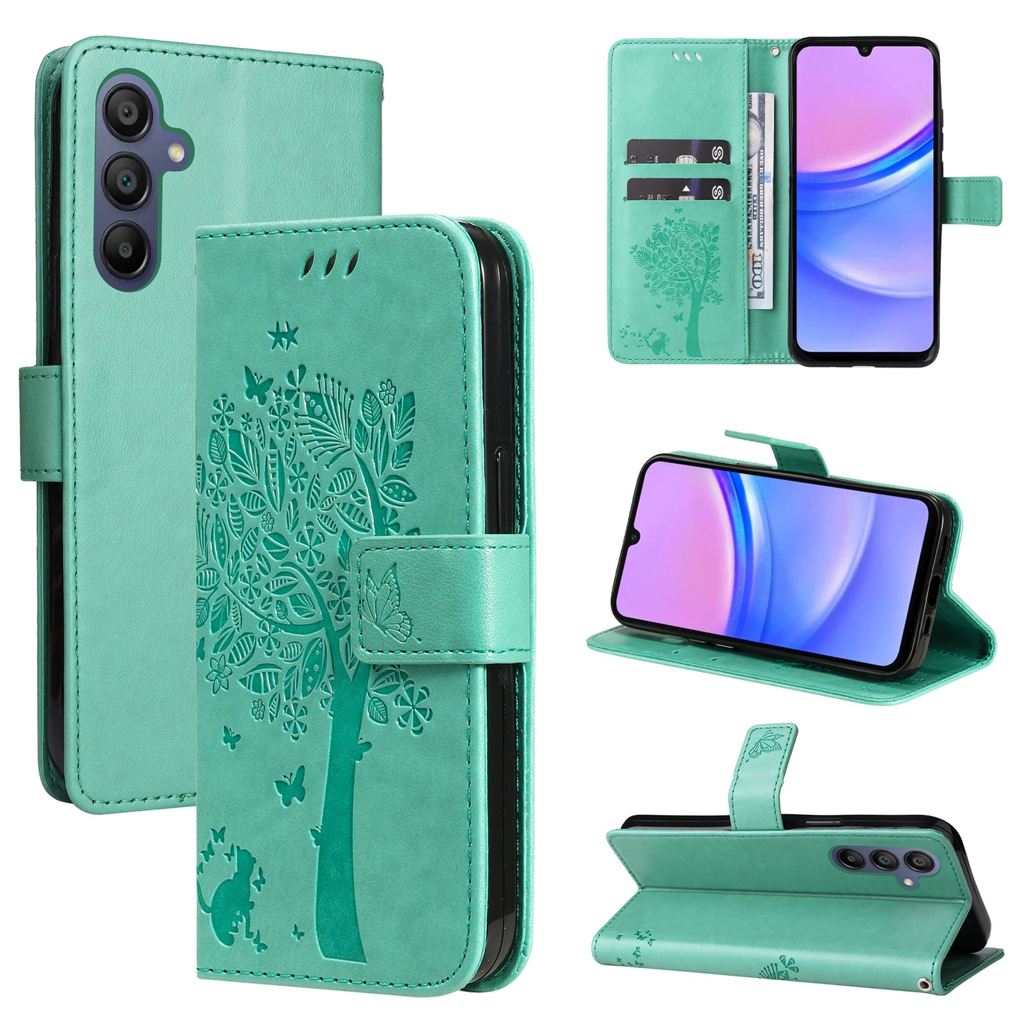 KT Imprinting Flower Series-3 For Samsung Galaxy A16 5G / A16 4G Case Cat Tree Pattern Flip Leather Phone Cover - Green