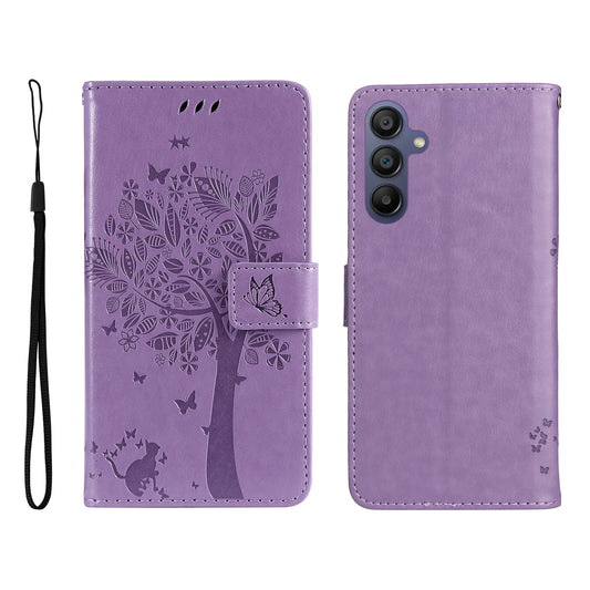 KT Imprinting Flower Series-3 For Samsung Galaxy A16 5G / A16 4G Case Cat Tree Pattern Flip Leather Phone Cover - Light Purple
