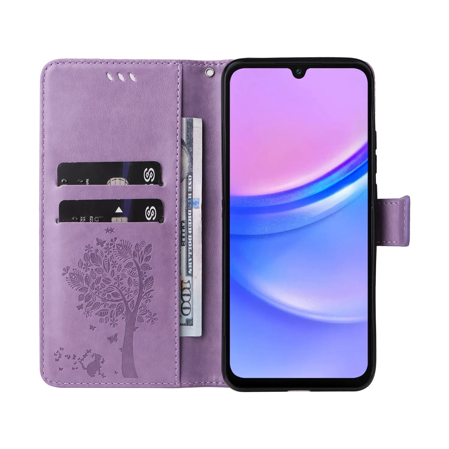 KT Imprinting Flower Series-3 For Samsung Galaxy A16 5G / A16 4G Case Cat Tree Pattern Flip Leather Phone Cover - Light Purple