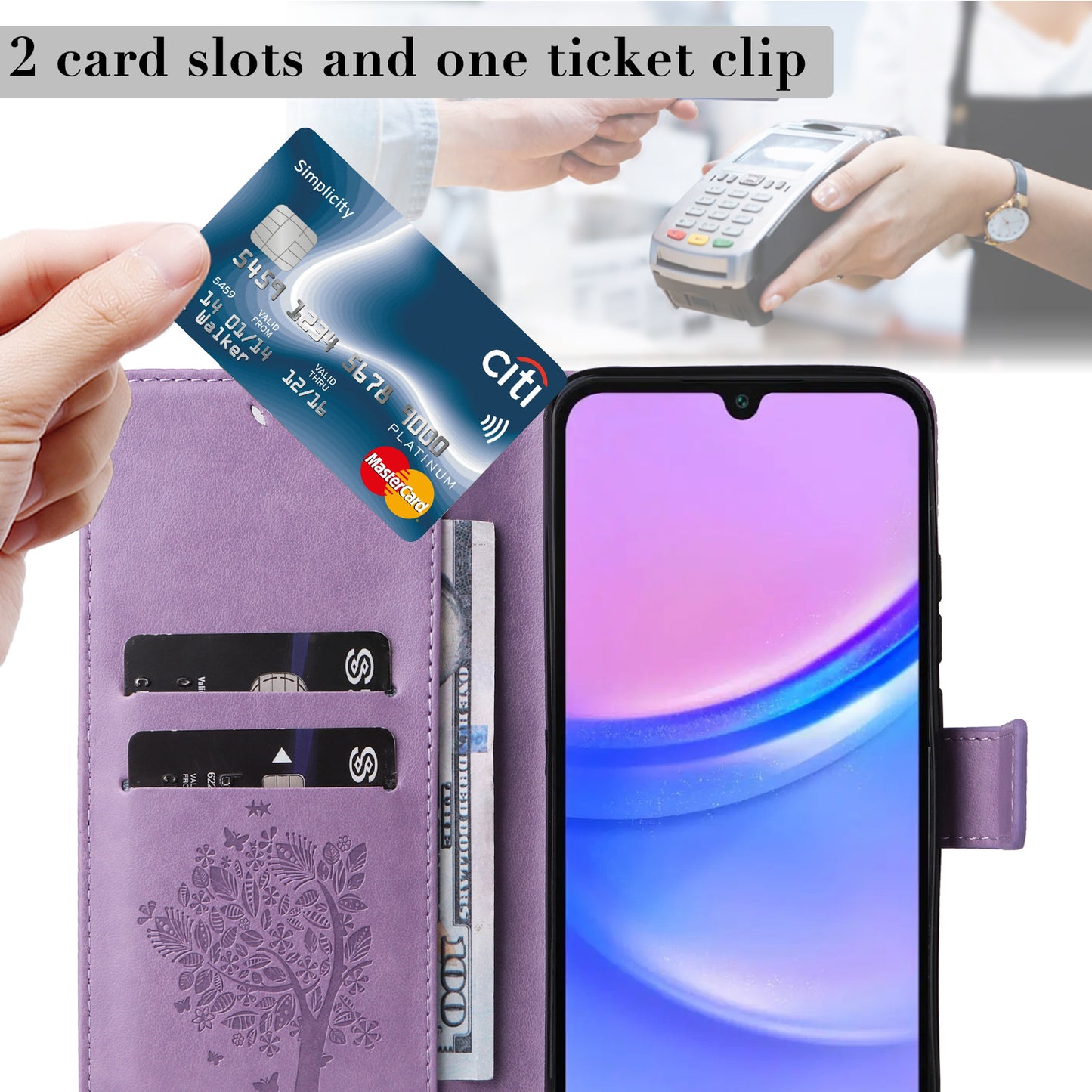 KT Imprinting Flower Series-3 For Samsung Galaxy A16 5G / A16 4G Case Cat Tree Pattern Flip Leather Phone Cover - Light Purple