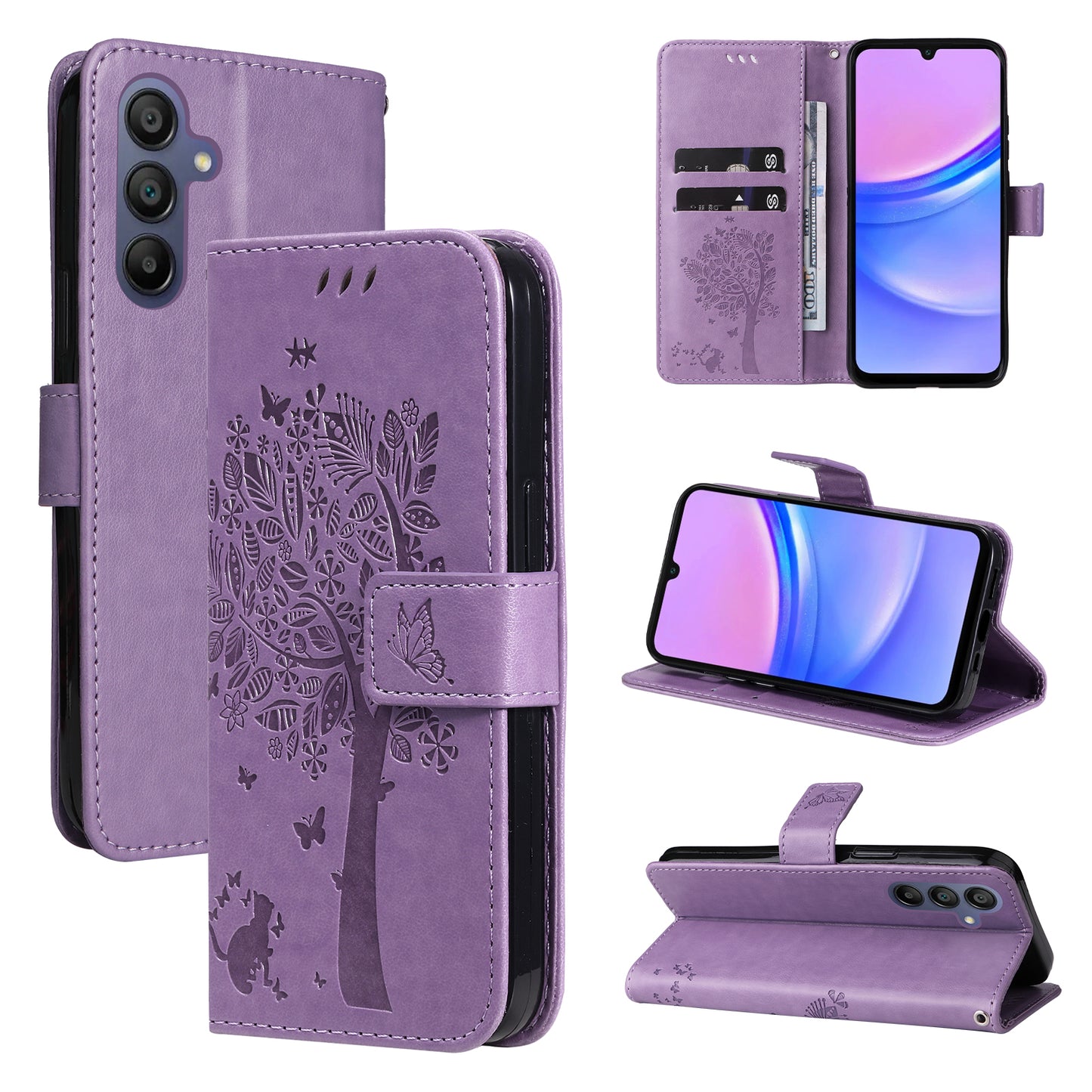 KT Imprinting Flower Series-3 For Samsung Galaxy A16 5G / A16 4G Case Cat Tree Pattern Flip Leather Phone Cover - Light Purple