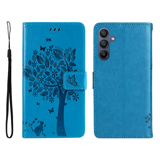 KT Imprinting Flower Series-3 For Samsung Galaxy A16 5G / A16 4G Case Cat Tree Pattern Flip Leather Phone Cover - Blue
