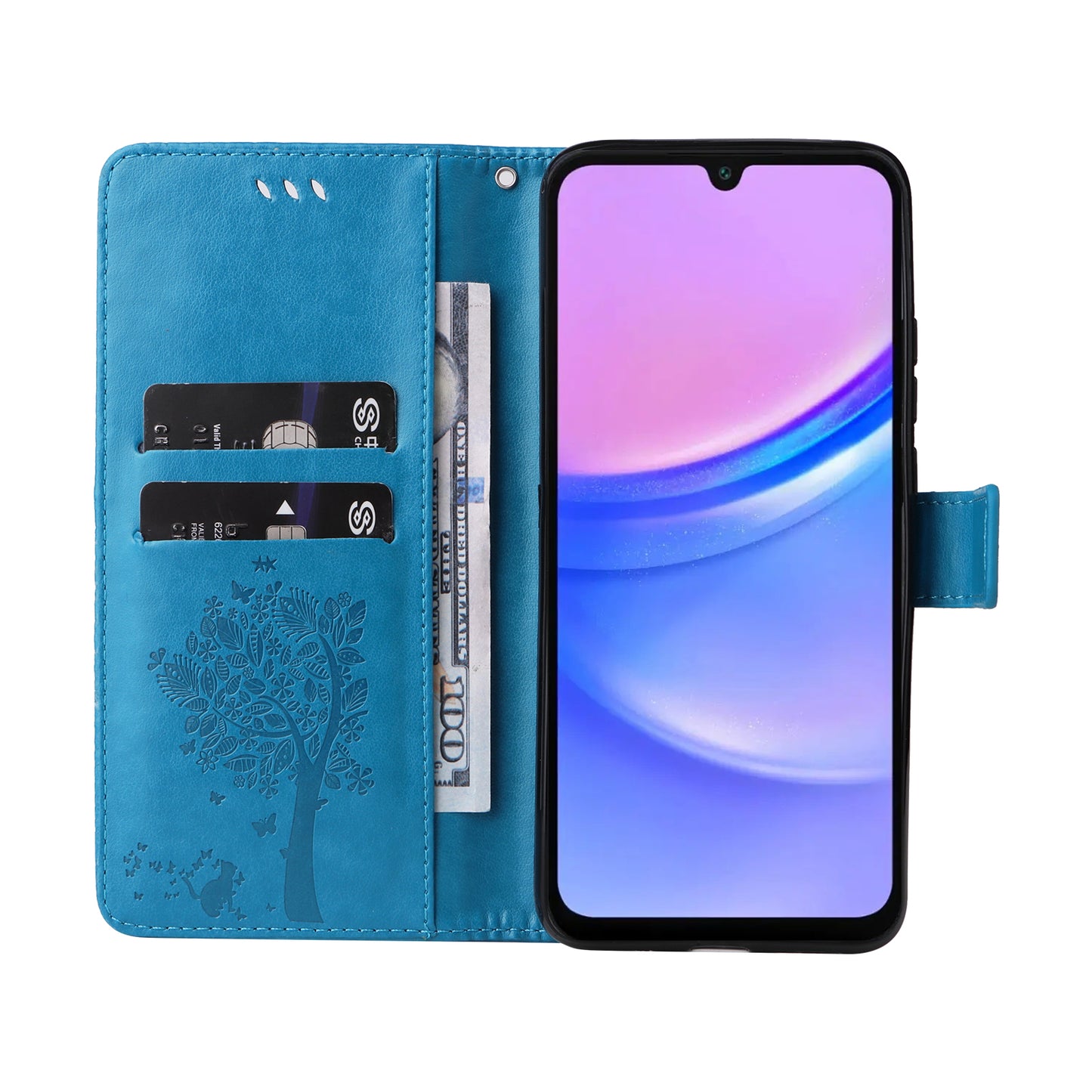 KT Imprinting Flower Series-3 For Samsung Galaxy A16 5G / A16 4G Case Cat Tree Pattern Flip Leather Phone Cover - Blue
