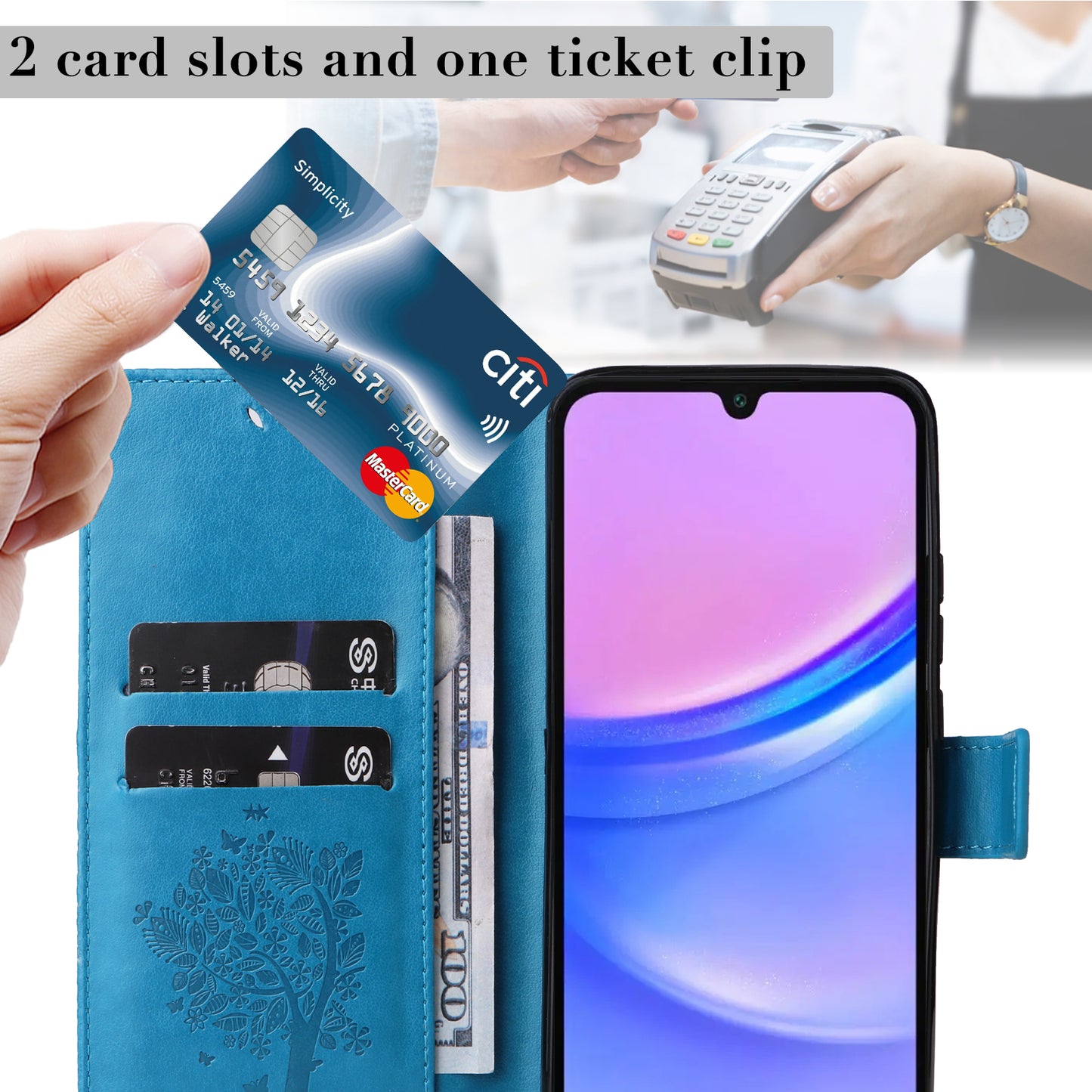 KT Imprinting Flower Series-3 For Samsung Galaxy A16 5G / A16 4G Case Cat Tree Pattern Flip Leather Phone Cover - Blue