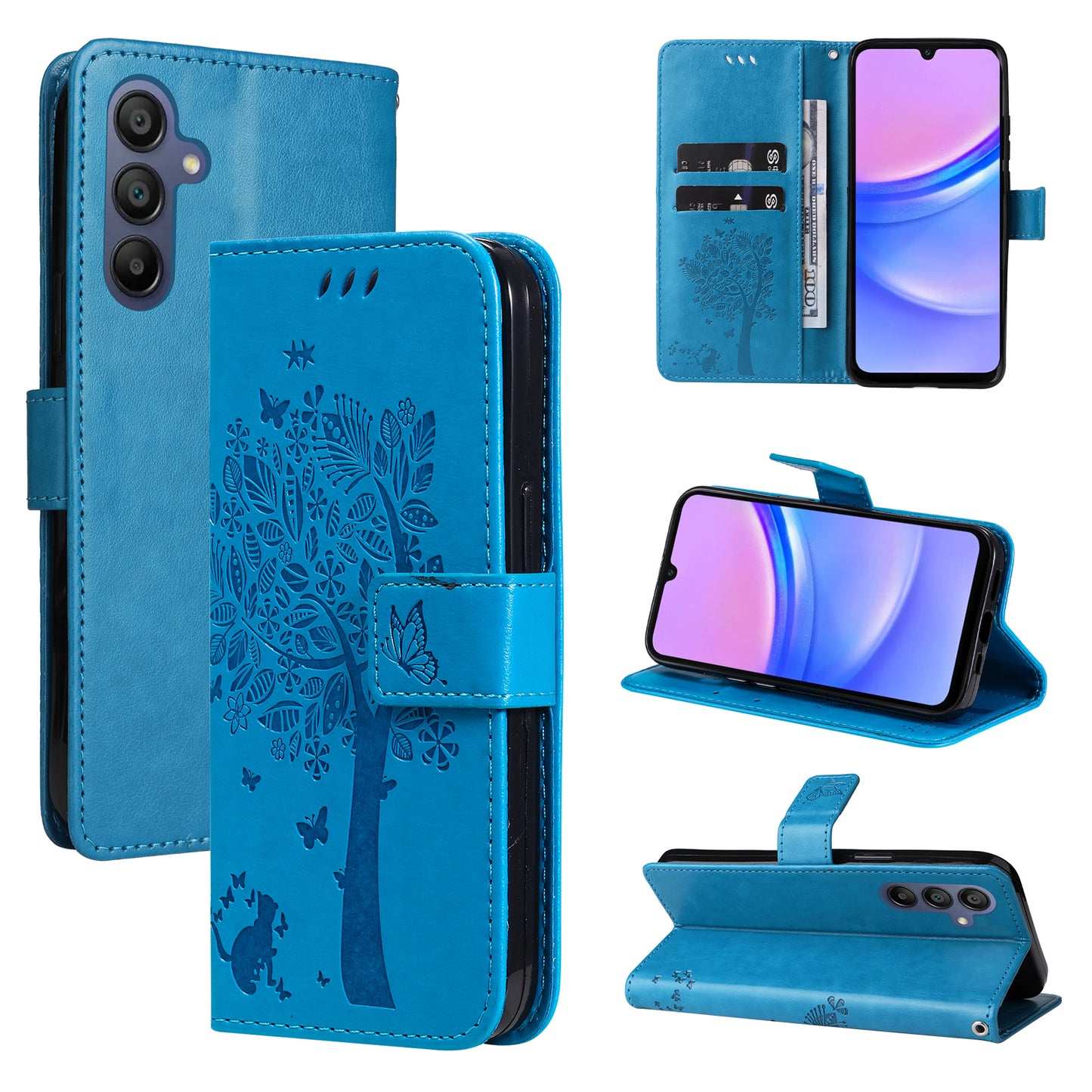 KT Imprinting Flower Series-3 For Samsung Galaxy A16 5G / A16 4G Case Cat Tree Pattern Flip Leather Phone Cover - Blue