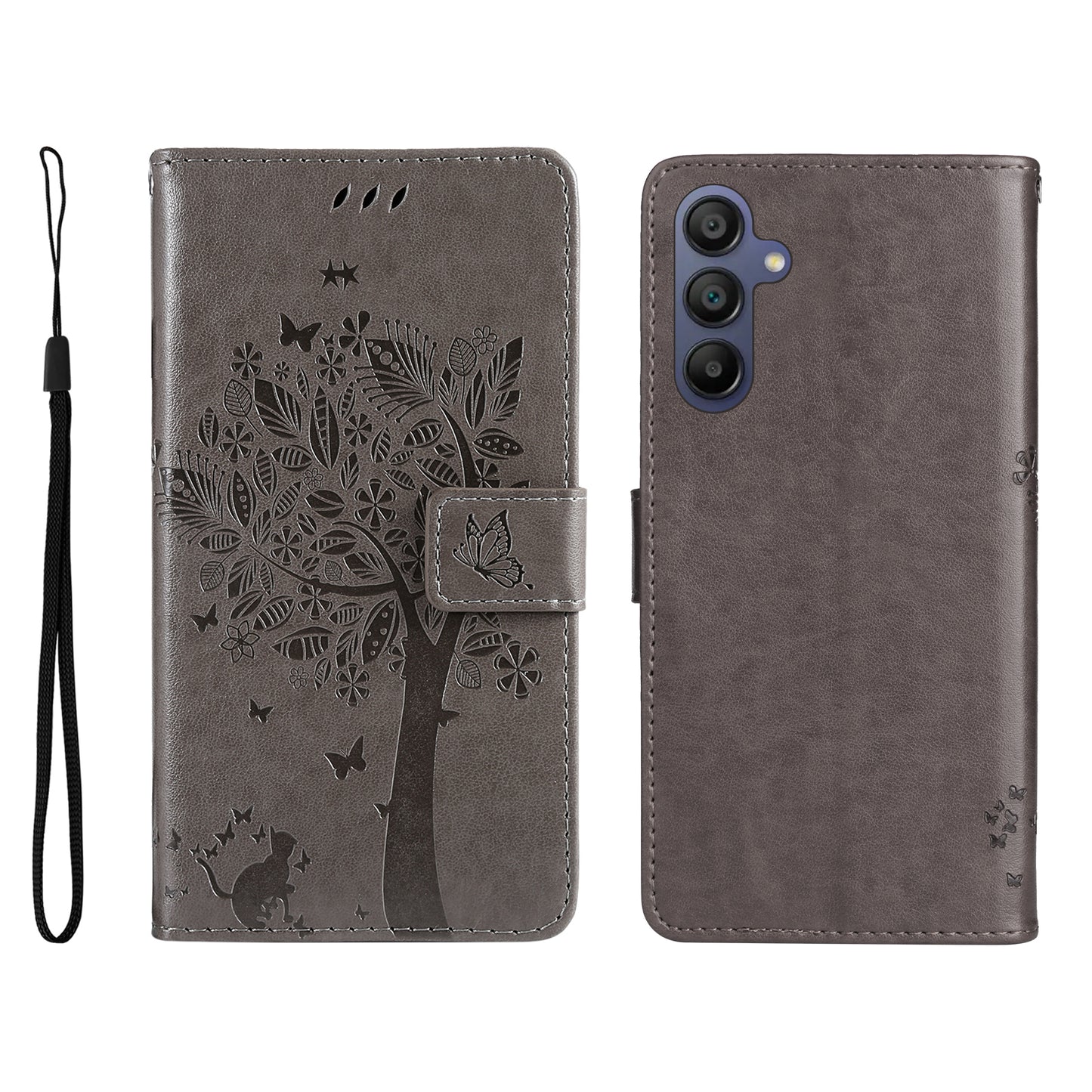 KT Imprinting Flower Series-3 For Samsung Galaxy A16 5G / A16 4G Case Cat Tree Pattern Flip Leather Phone Cover - Grey