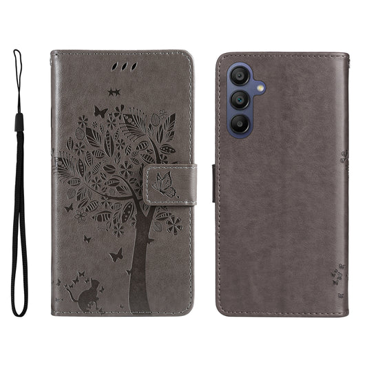 KT Imprinting Flower Series-3 For Samsung Galaxy A16 5G / A16 4G Case Cat Tree Pattern Flip Leather Phone Cover - Grey