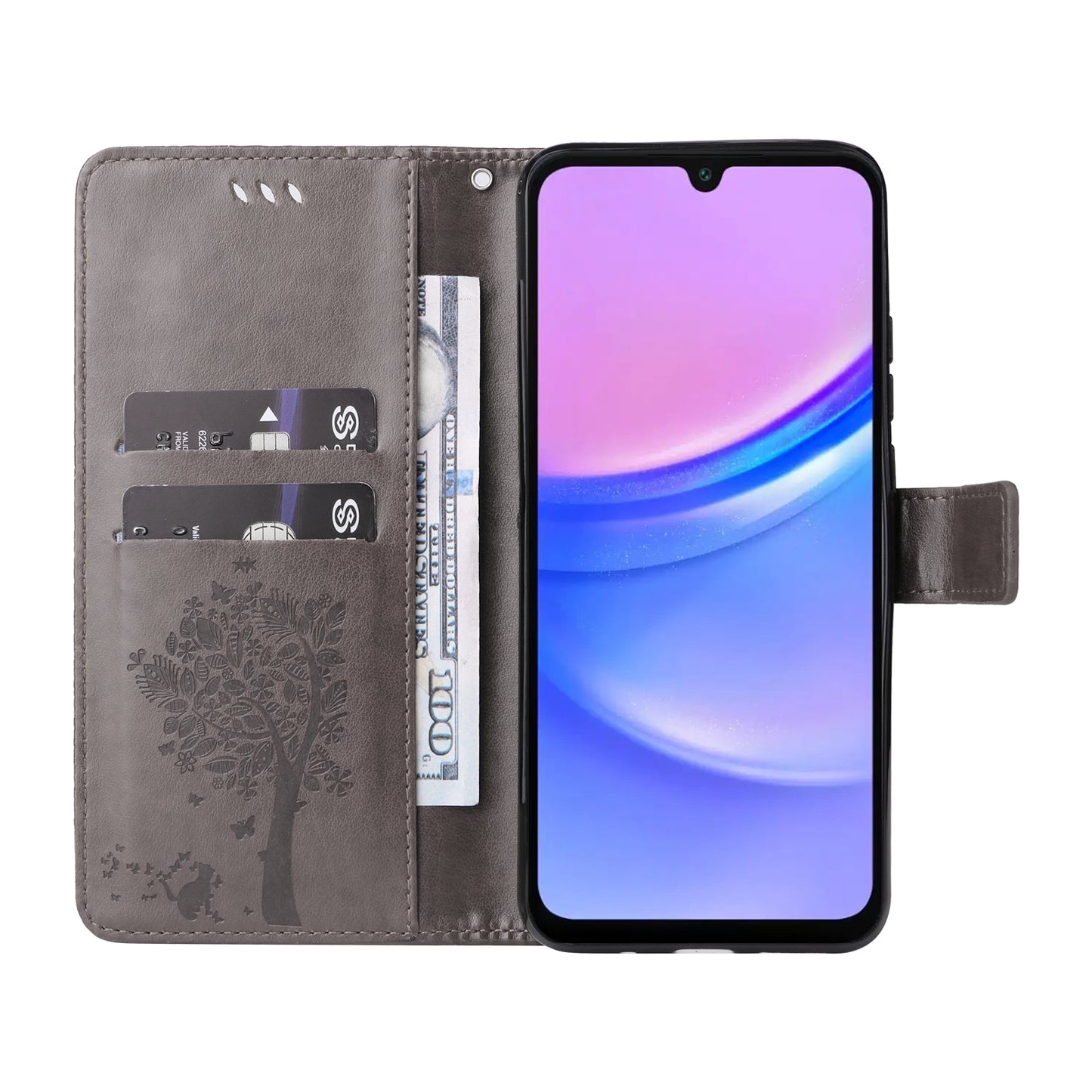KT Imprinting Flower Series-3 For Samsung Galaxy A16 5G / A16 4G Case Cat Tree Pattern Flip Leather Phone Cover - Grey
