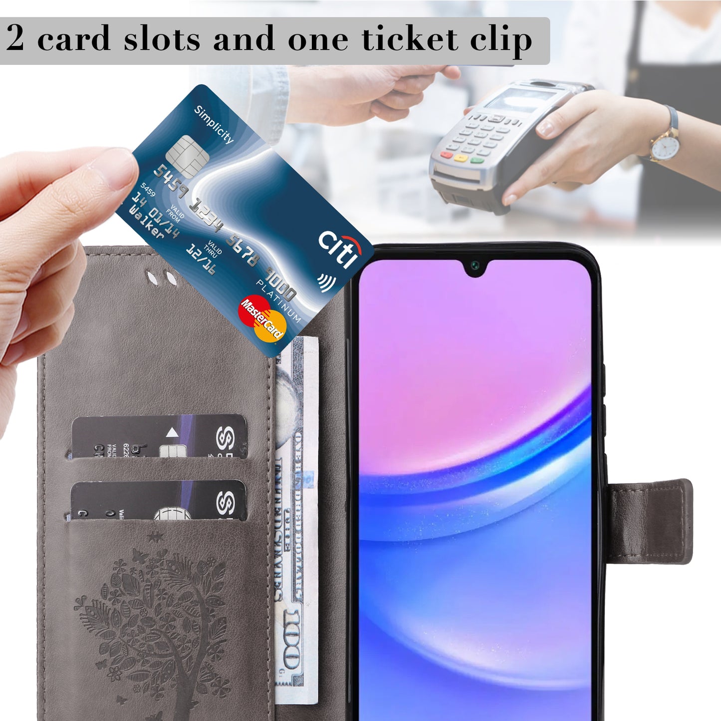 KT Imprinting Flower Series-3 For Samsung Galaxy A16 5G / A16 4G Case Cat Tree Pattern Flip Leather Phone Cover - Grey