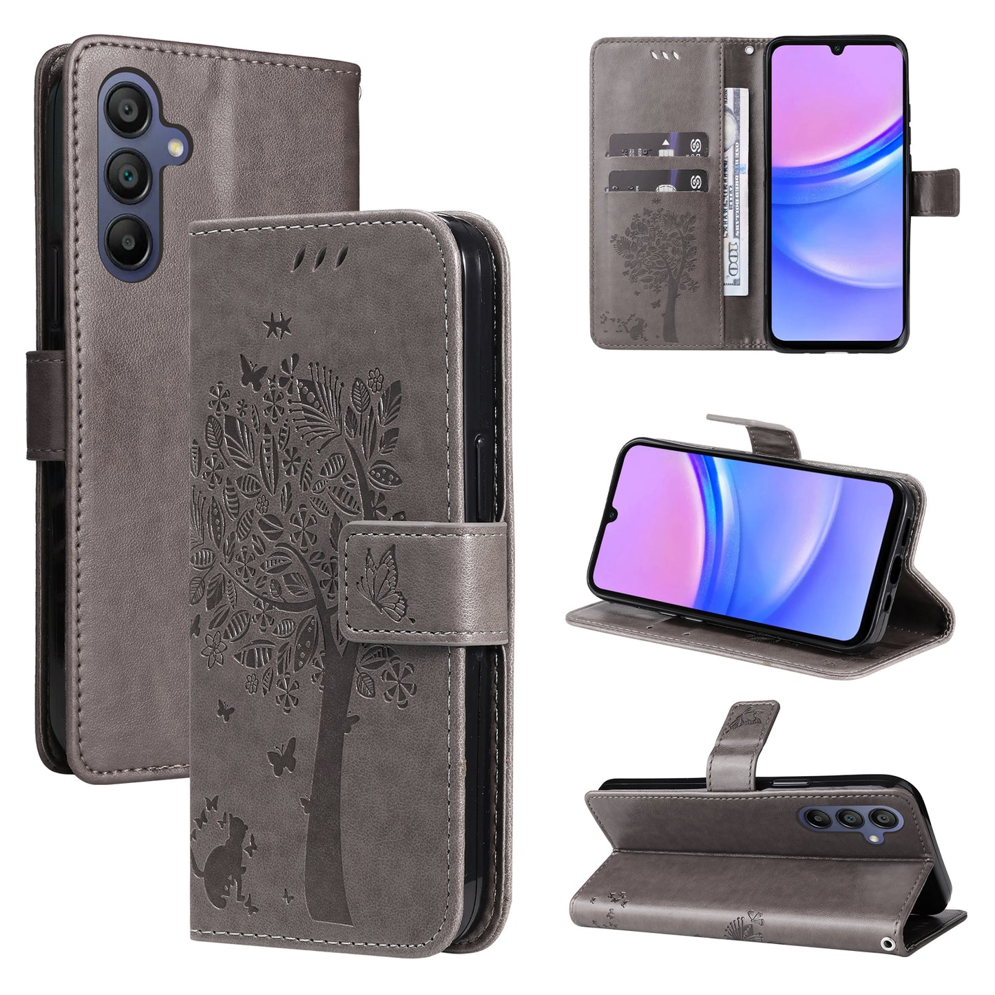 KT Imprinting Flower Series-3 For Samsung Galaxy A16 5G / A16 4G Case Cat Tree Pattern Flip Leather Phone Cover - Grey