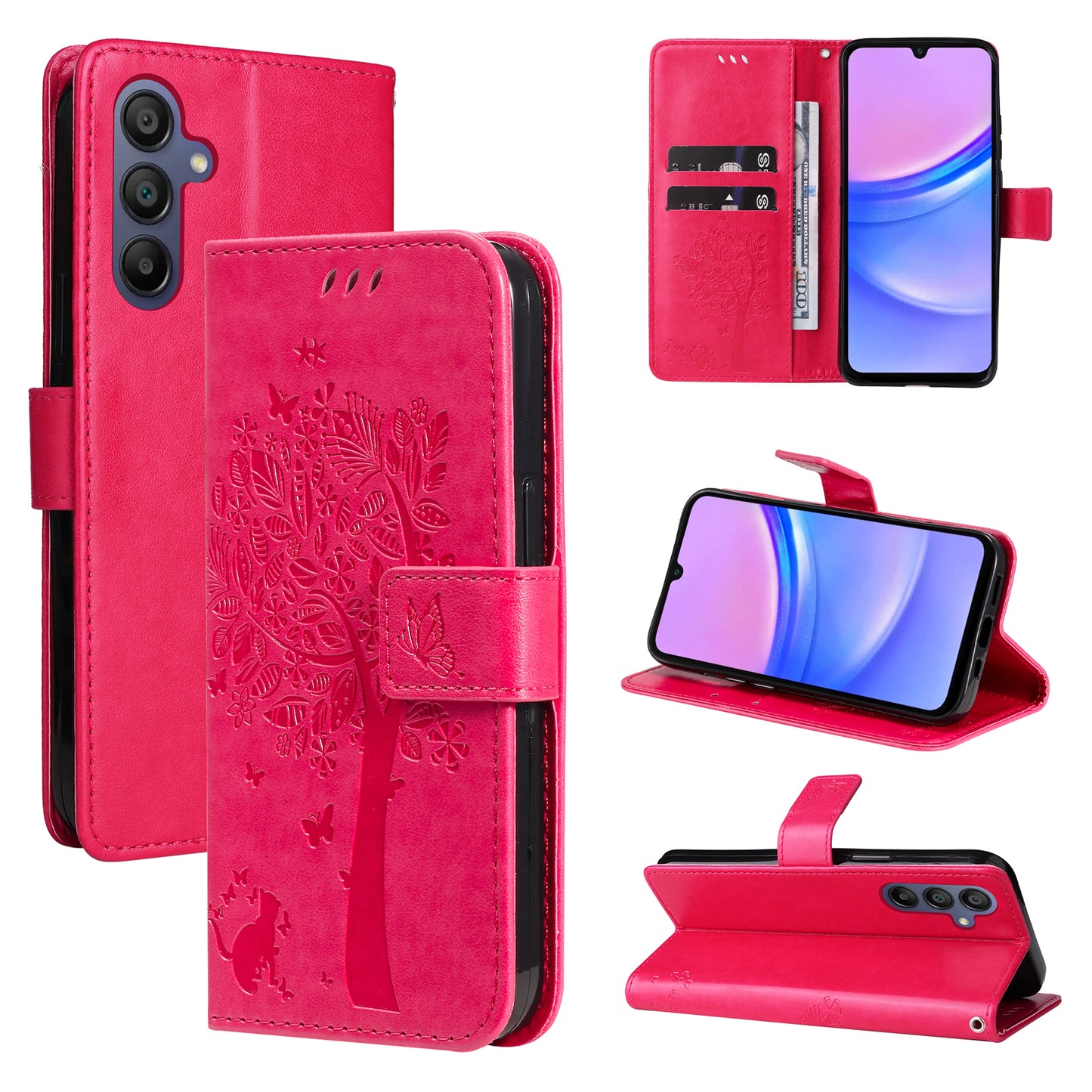 KT Imprinting Flower Series-3 For Samsung Galaxy A16 5G / A16 4G Case Cat Tree Pattern Flip Leather Phone Cover - Rose
