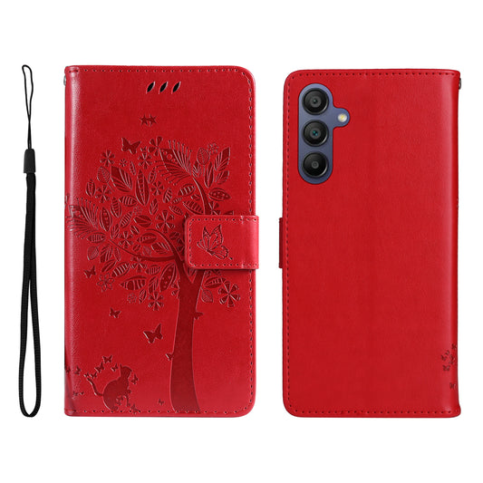 KT Imprinting Flower Series-3 For Samsung Galaxy A16 5G / A16 4G Case Cat Tree Pattern Flip Leather Phone Cover - Red