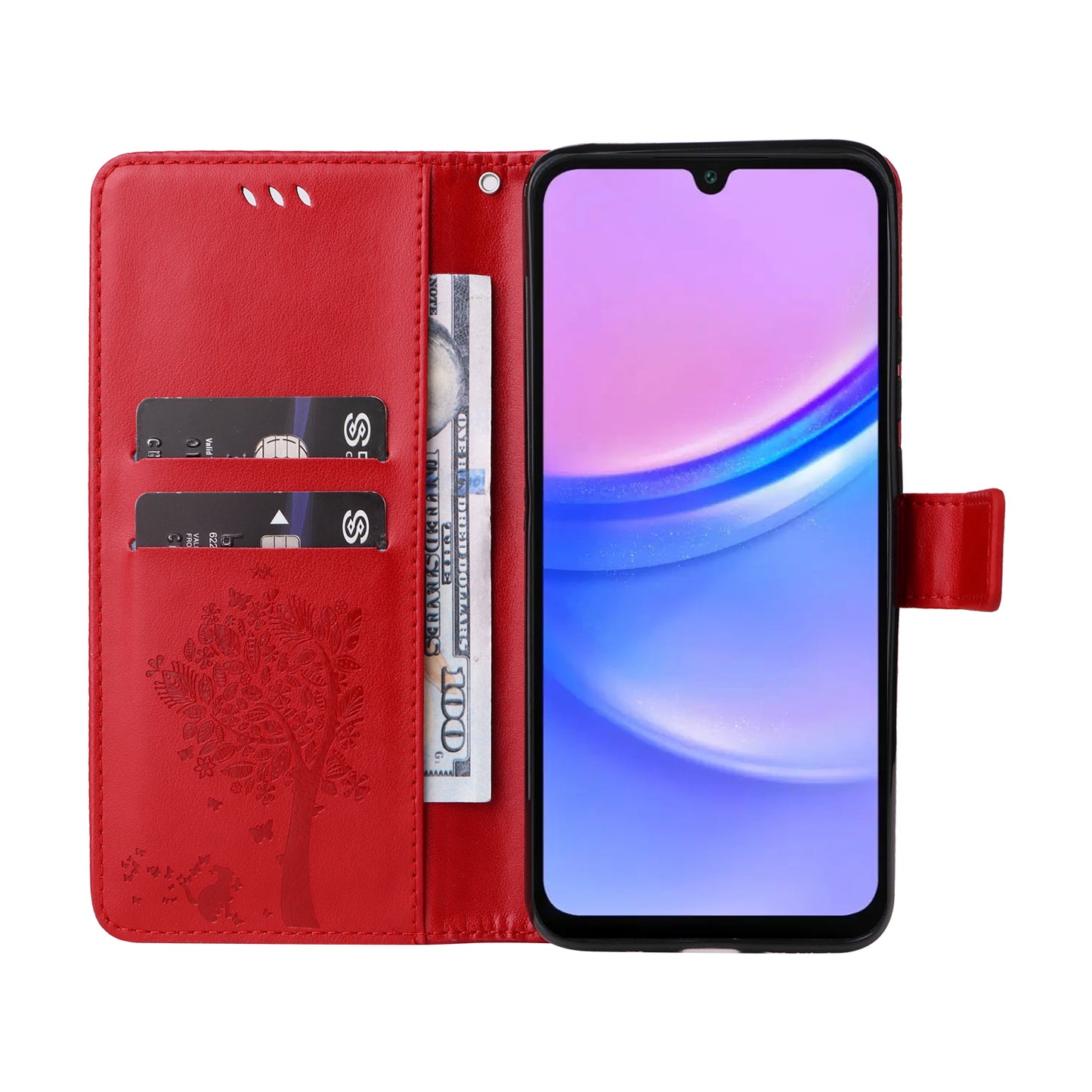 KT Imprinting Flower Series-3 For Samsung Galaxy A16 5G / A16 4G Case Cat Tree Pattern Flip Leather Phone Cover - Red