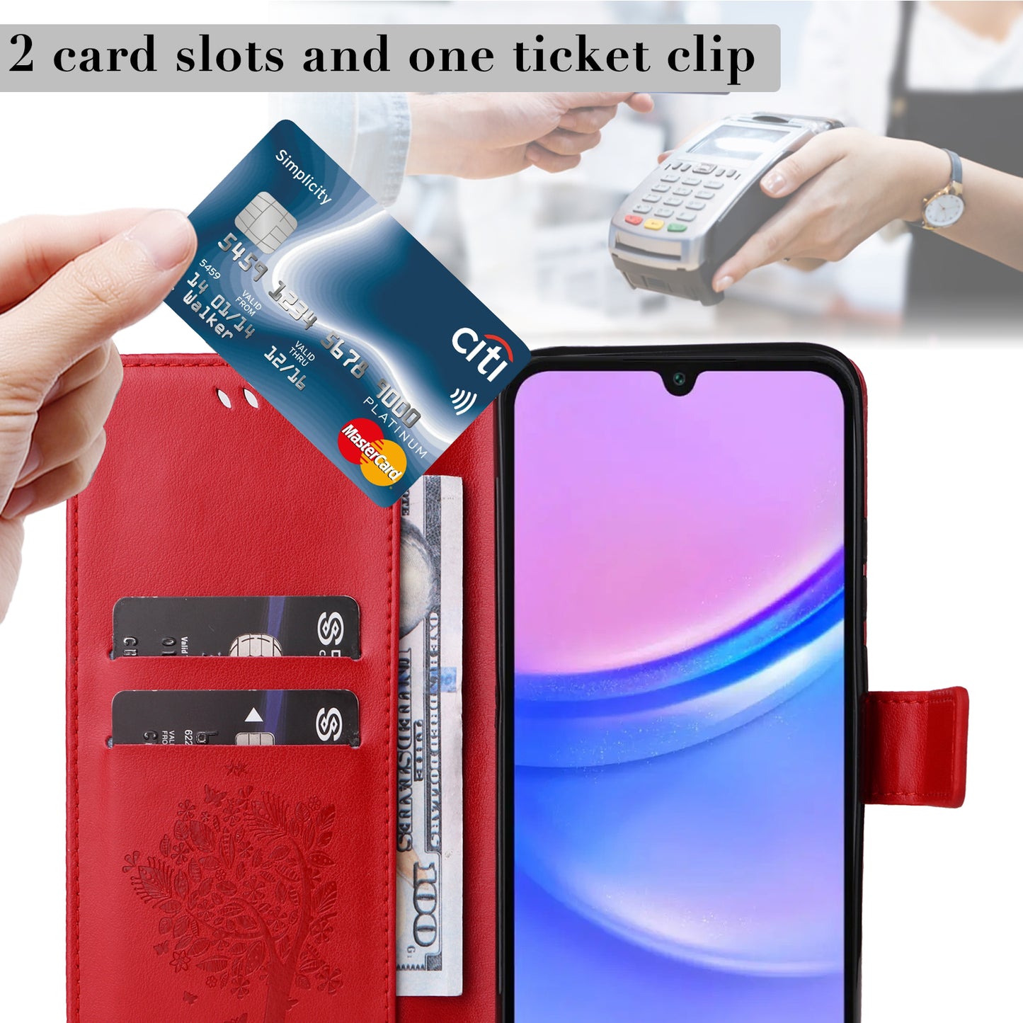 KT Imprinting Flower Series-3 For Samsung Galaxy A16 5G / A16 4G Case Cat Tree Pattern Flip Leather Phone Cover - Red