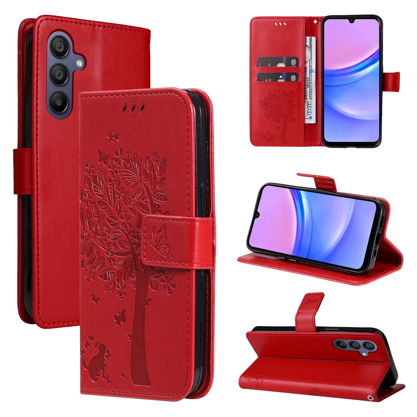 KT Imprinting Flower Series-3 For Samsung Galaxy A16 5G / A16 4G Case Cat Tree Pattern Flip Leather Phone Cover - Red