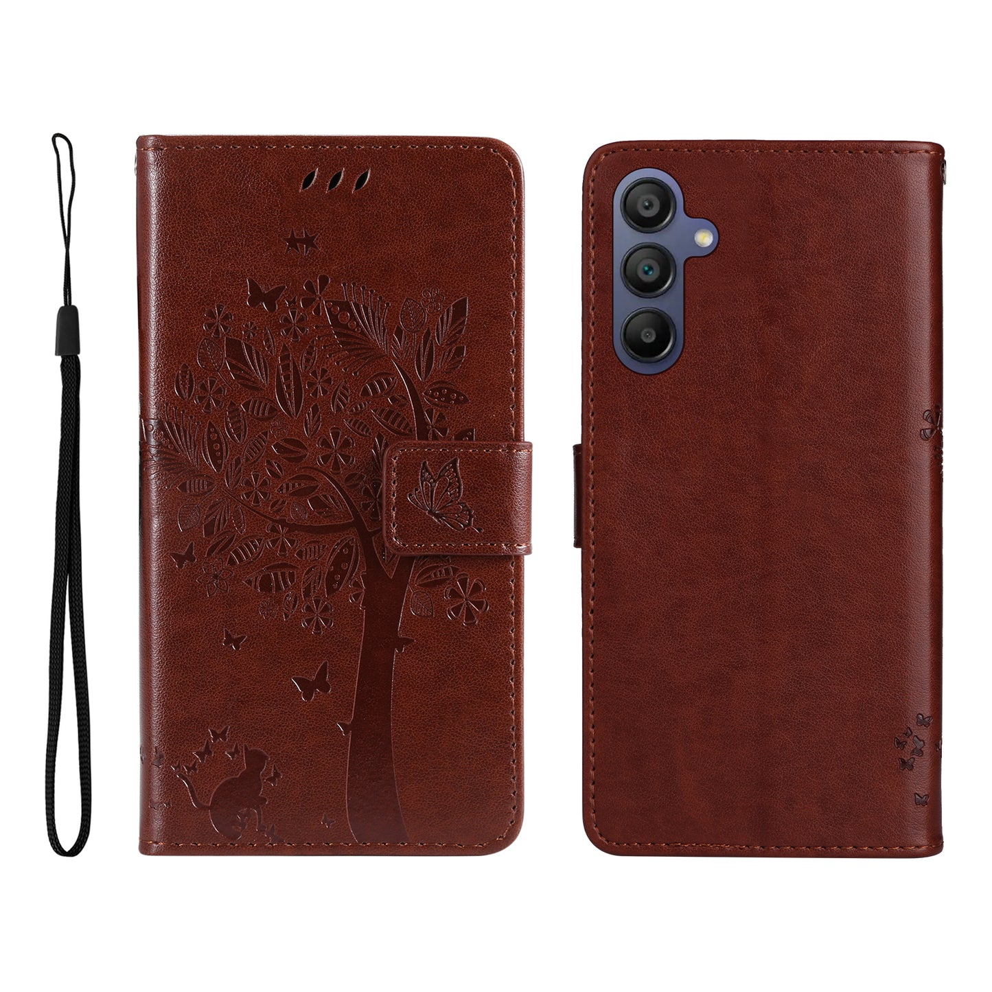 KT Imprinting Flower Series-3 For Samsung Galaxy A16 5G / A16 4G Case Cat Tree Pattern Flip Leather Phone Cover - Coffee