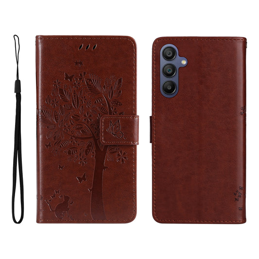 KT Imprinting Flower Series-3 For Samsung Galaxy A16 5G / A16 4G Case Cat Tree Pattern Flip Leather Phone Cover - Coffee