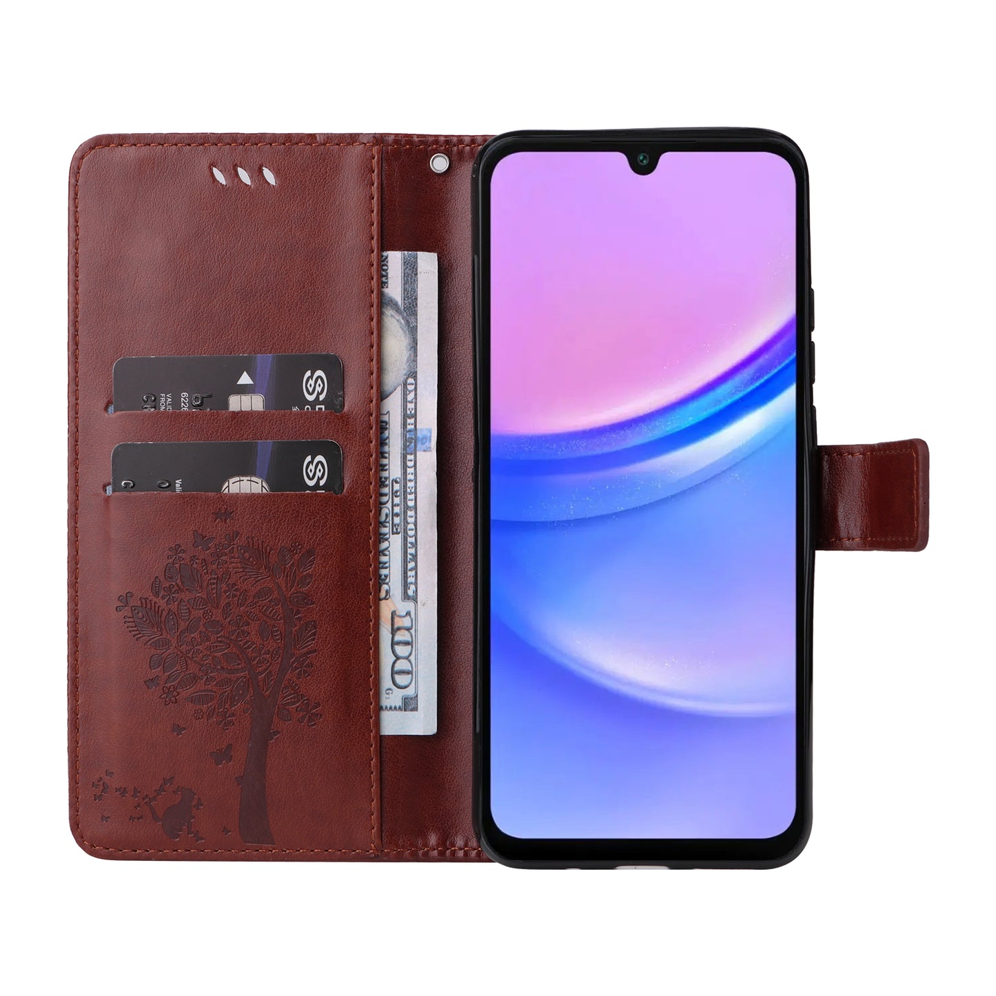 KT Imprinting Flower Series-3 For Samsung Galaxy A16 5G / A16 4G Case Cat Tree Pattern Flip Leather Phone Cover - Coffee