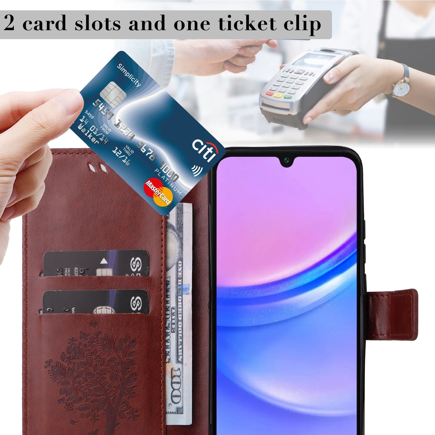 KT Imprinting Flower Series-3 For Samsung Galaxy A16 5G / A16 4G Case Cat Tree Pattern Flip Leather Phone Cover - Coffee