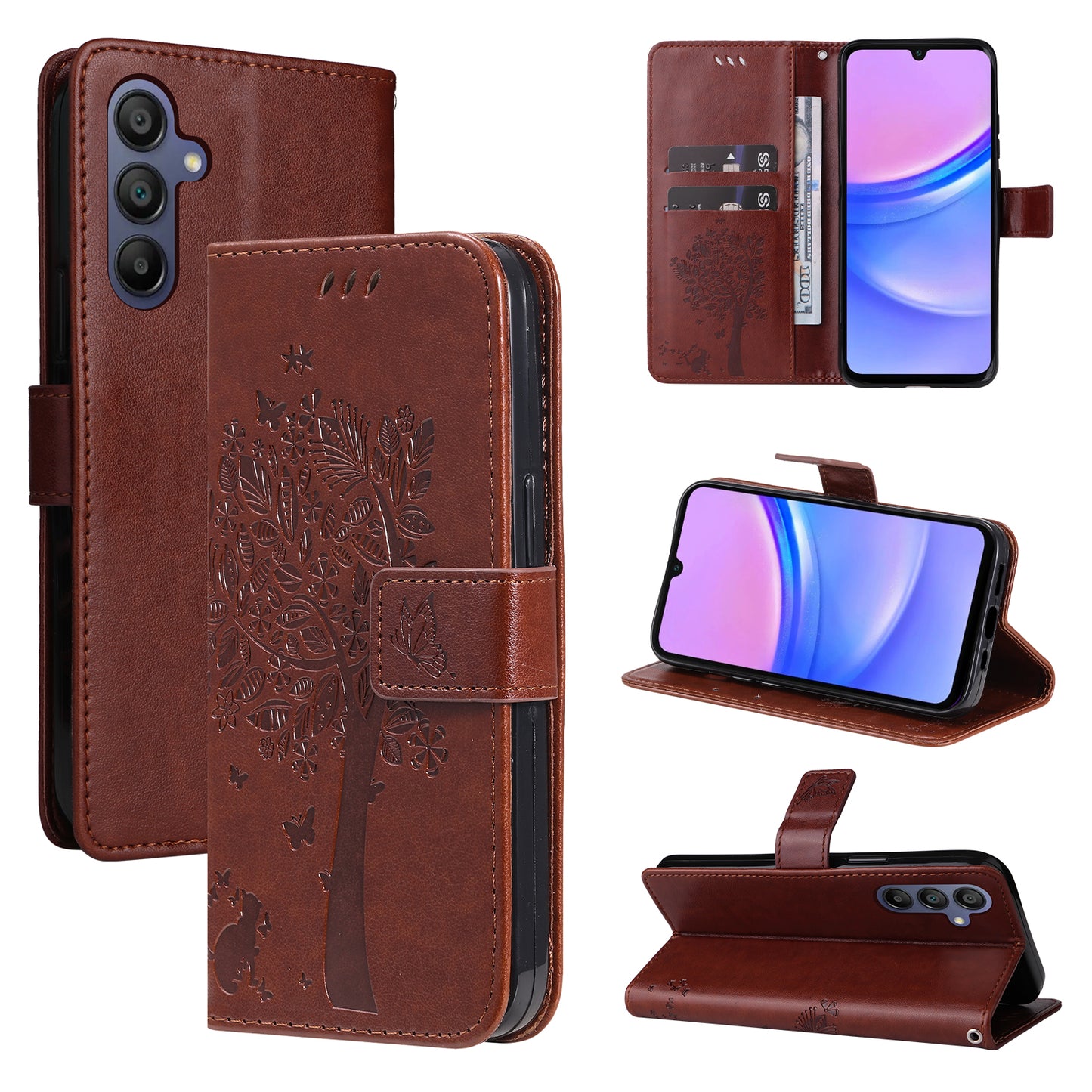 KT Imprinting Flower Series-3 For Samsung Galaxy A16 5G / A16 4G Case Cat Tree Pattern Flip Leather Phone Cover - Coffee