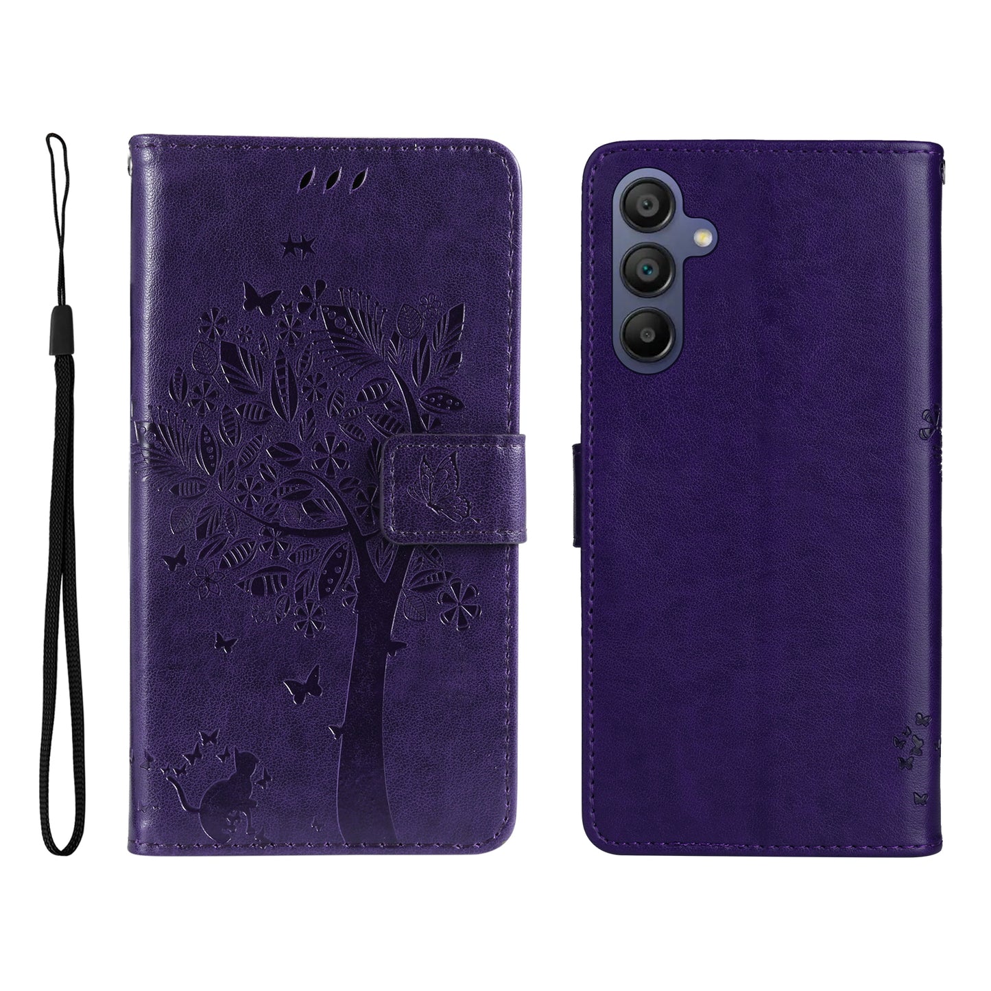 KT Imprinting Flower Series-3 For Samsung Galaxy A16 5G / A16 4G Case Cat Tree Pattern Flip Leather Phone Cover - Purple