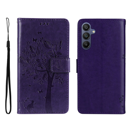 KT Imprinting Flower Series-3 For Samsung Galaxy A16 5G / A16 4G Case Cat Tree Pattern Flip Leather Phone Cover - Purple