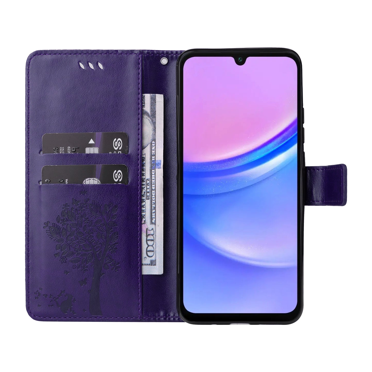 KT Imprinting Flower Series-3 For Samsung Galaxy A16 5G / A16 4G Case Cat Tree Pattern Flip Leather Phone Cover - Purple