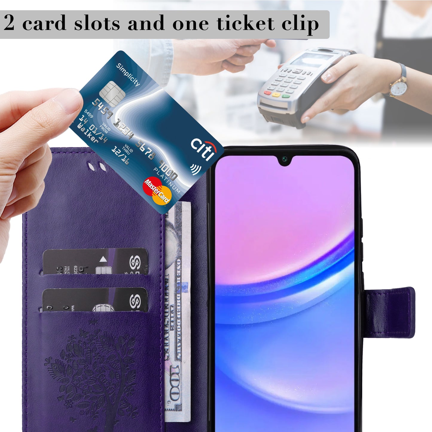 KT Imprinting Flower Series-3 For Samsung Galaxy A16 5G / A16 4G Case Cat Tree Pattern Flip Leather Phone Cover - Purple