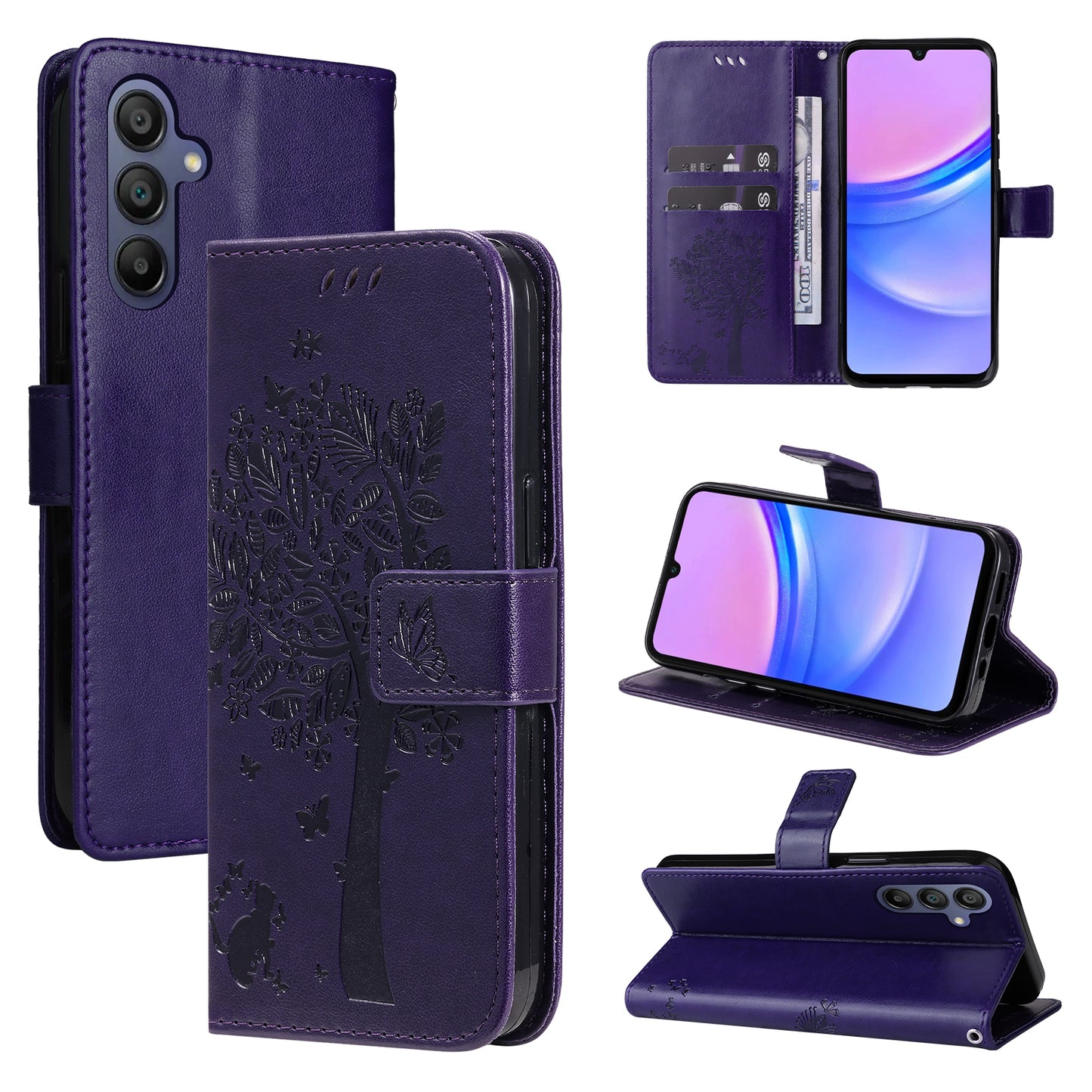 KT Imprinting Flower Series-3 For Samsung Galaxy A16 5G / A16 4G Case Cat Tree Pattern Flip Leather Phone Cover - Purple
