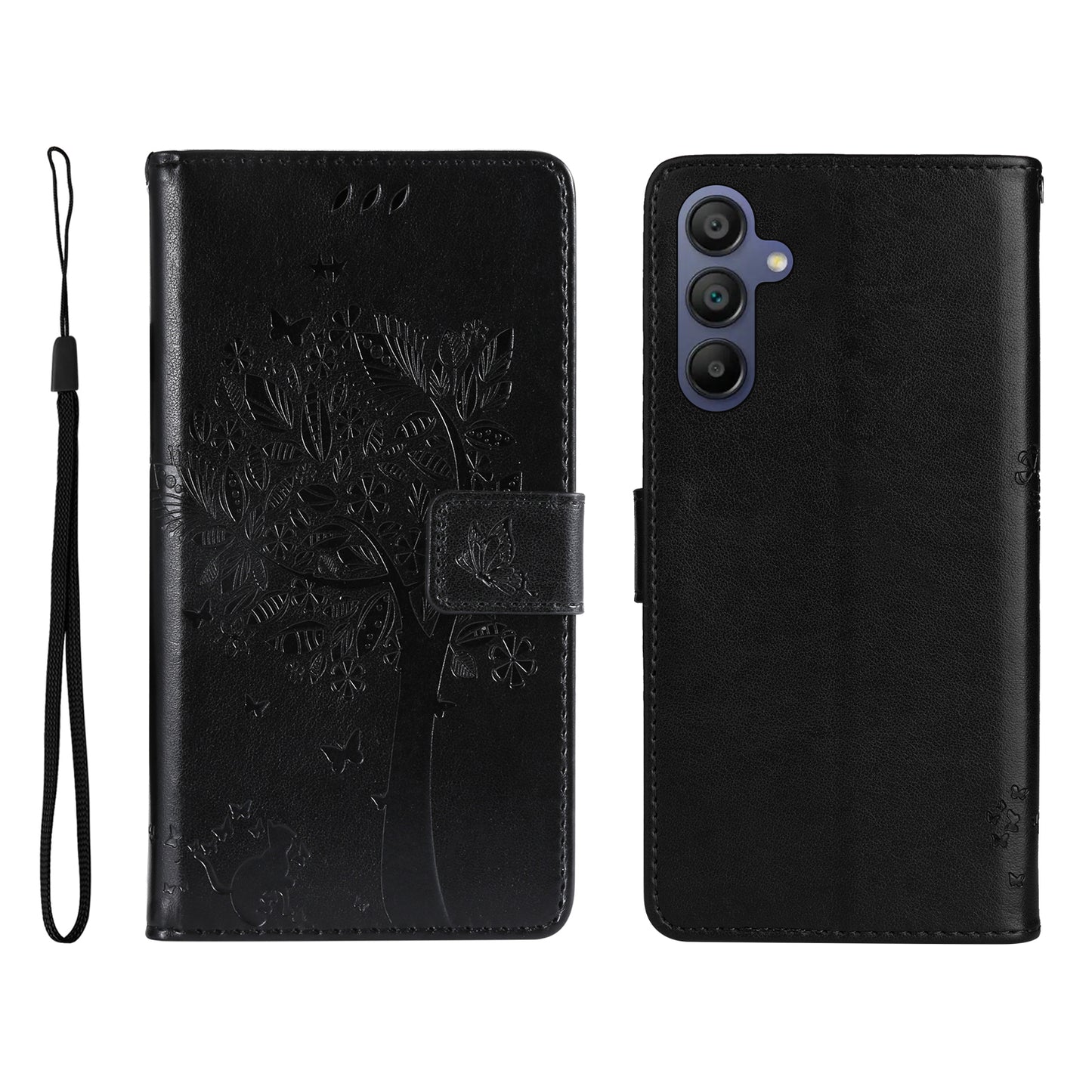KT Imprinting Flower Series-3 For Samsung Galaxy A16 5G / A16 4G Case Cat Tree Pattern Flip Leather Phone Cover - Black
