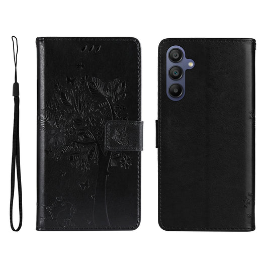KT Imprinting Flower Series-3 For Samsung Galaxy A16 5G / A16 4G Case Cat Tree Pattern Flip Leather Phone Cover - Black
