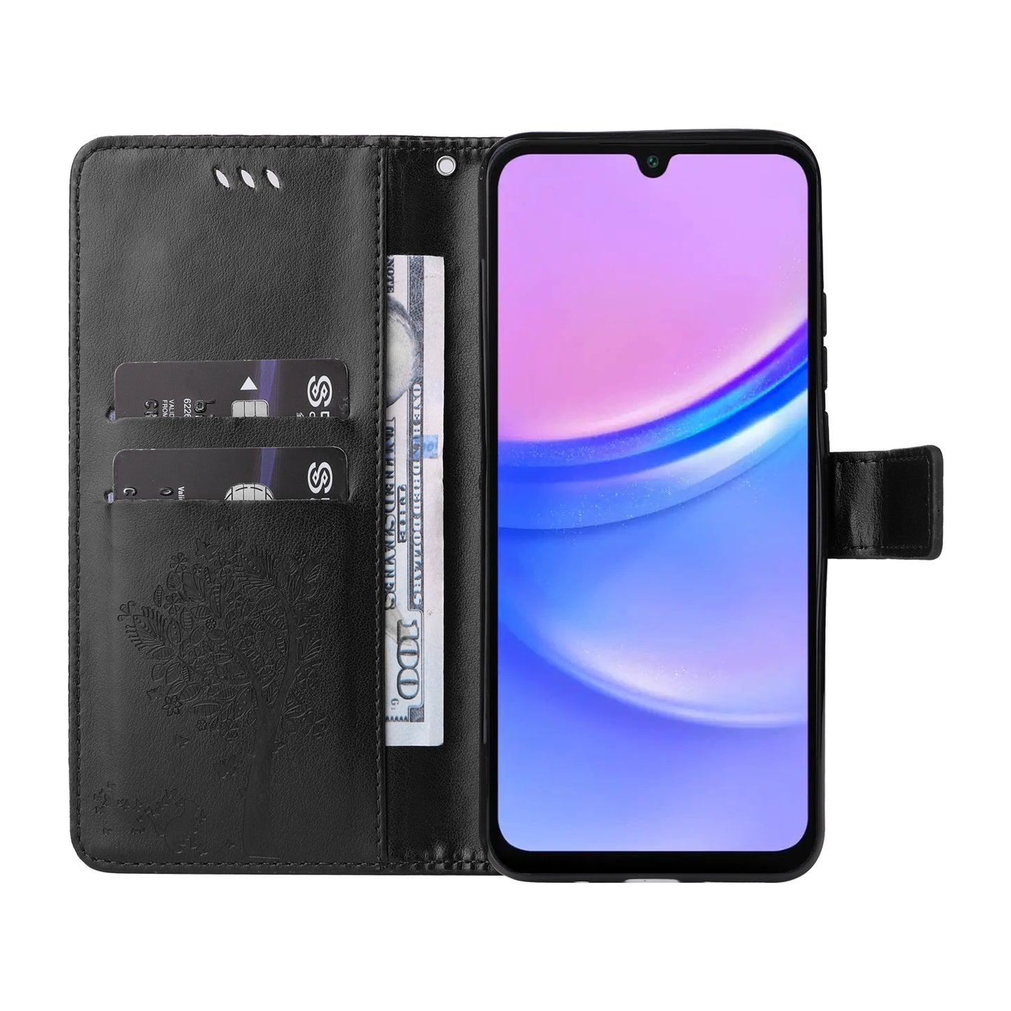 KT Imprinting Flower Series-3 For Samsung Galaxy A16 5G / A16 4G Case Cat Tree Pattern Flip Leather Phone Cover - Black