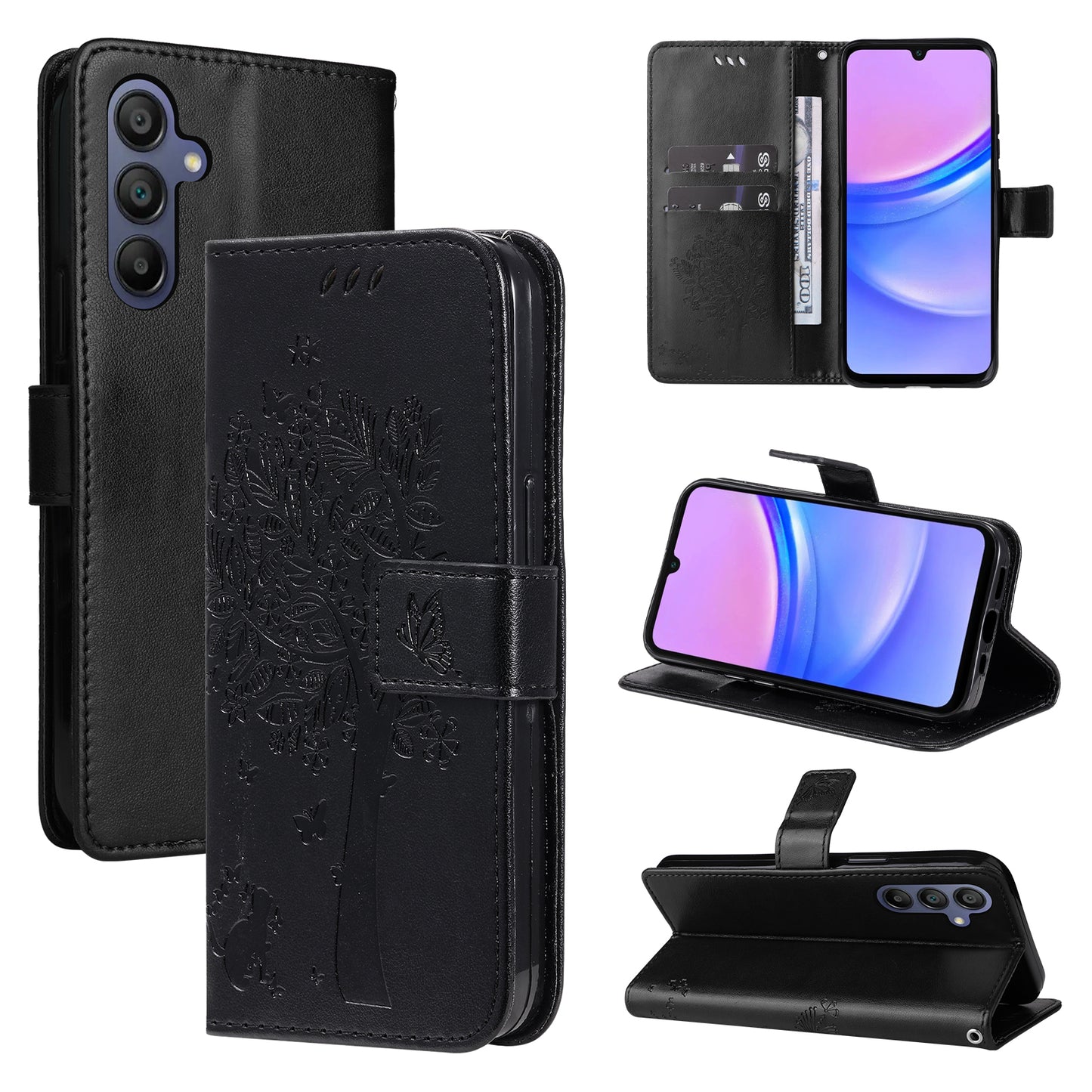 KT Imprinting Flower Series-3 For Samsung Galaxy A16 5G / A16 4G Case Cat Tree Pattern Flip Leather Phone Cover - Black