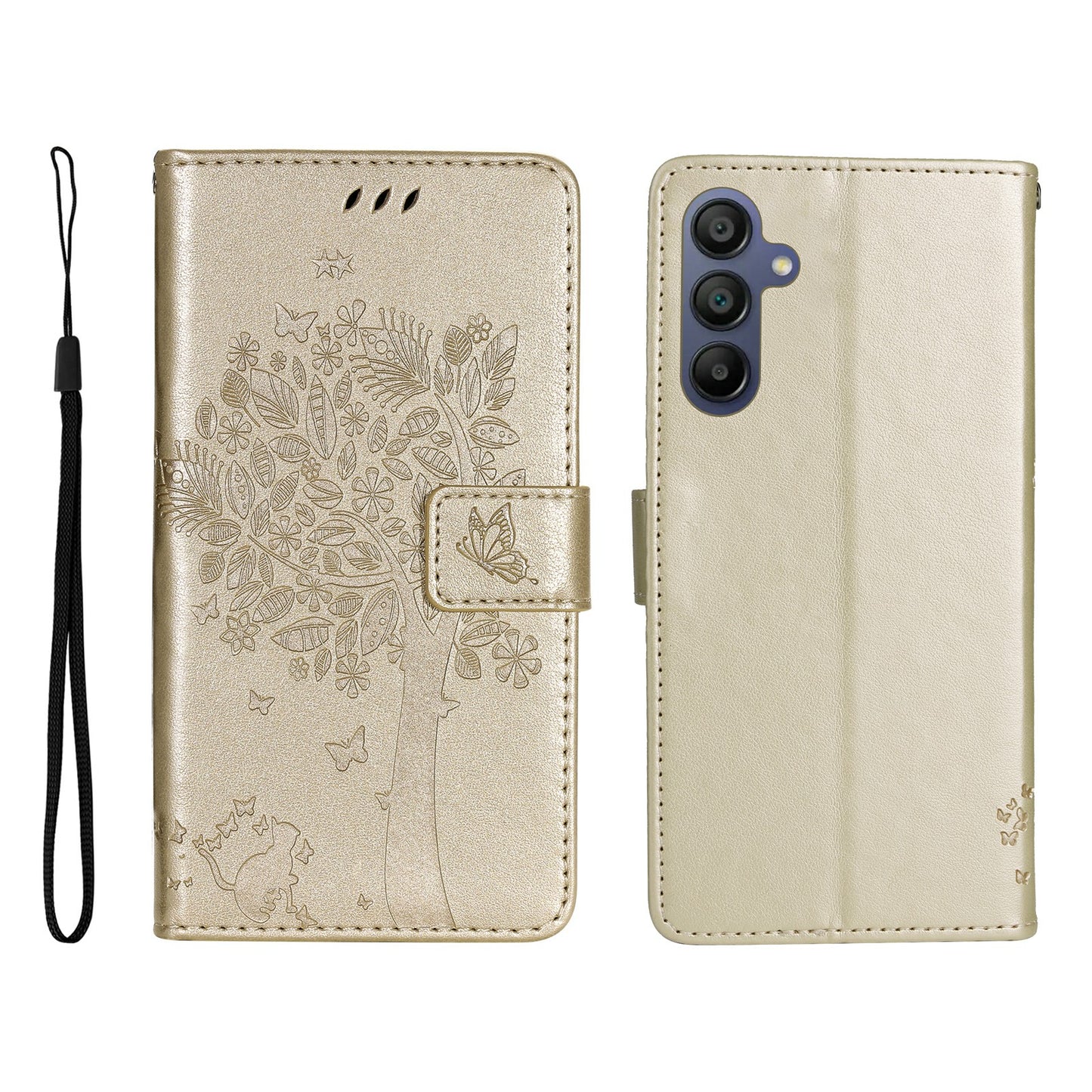 KT Imprinting Flower Series-3 For Samsung Galaxy A16 5G / A16 4G Case Cat Tree Pattern Flip Leather Phone Cover - Gold