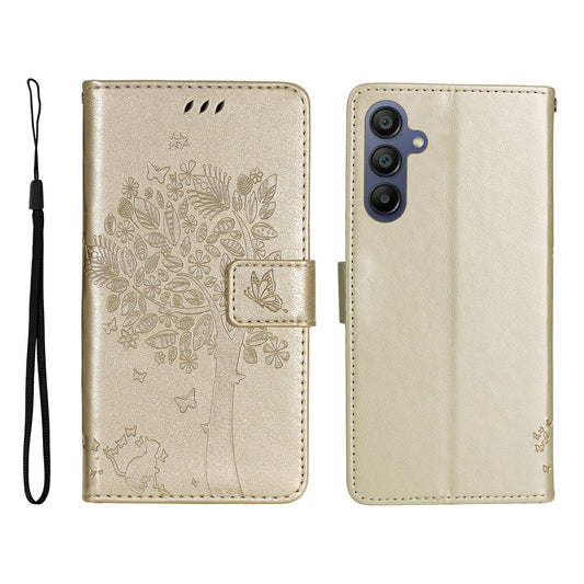 KT Imprinting Flower Series-3 For Samsung Galaxy A16 5G / A16 4G Case Cat Tree Pattern Flip Leather Phone Cover - Gold