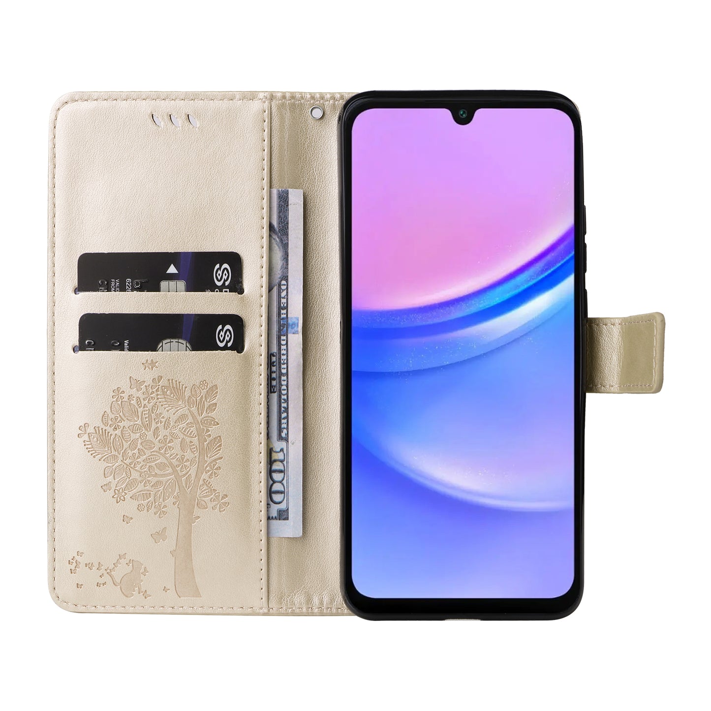 KT Imprinting Flower Series-3 For Samsung Galaxy A16 5G / A16 4G Case Cat Tree Pattern Flip Leather Phone Cover - Gold