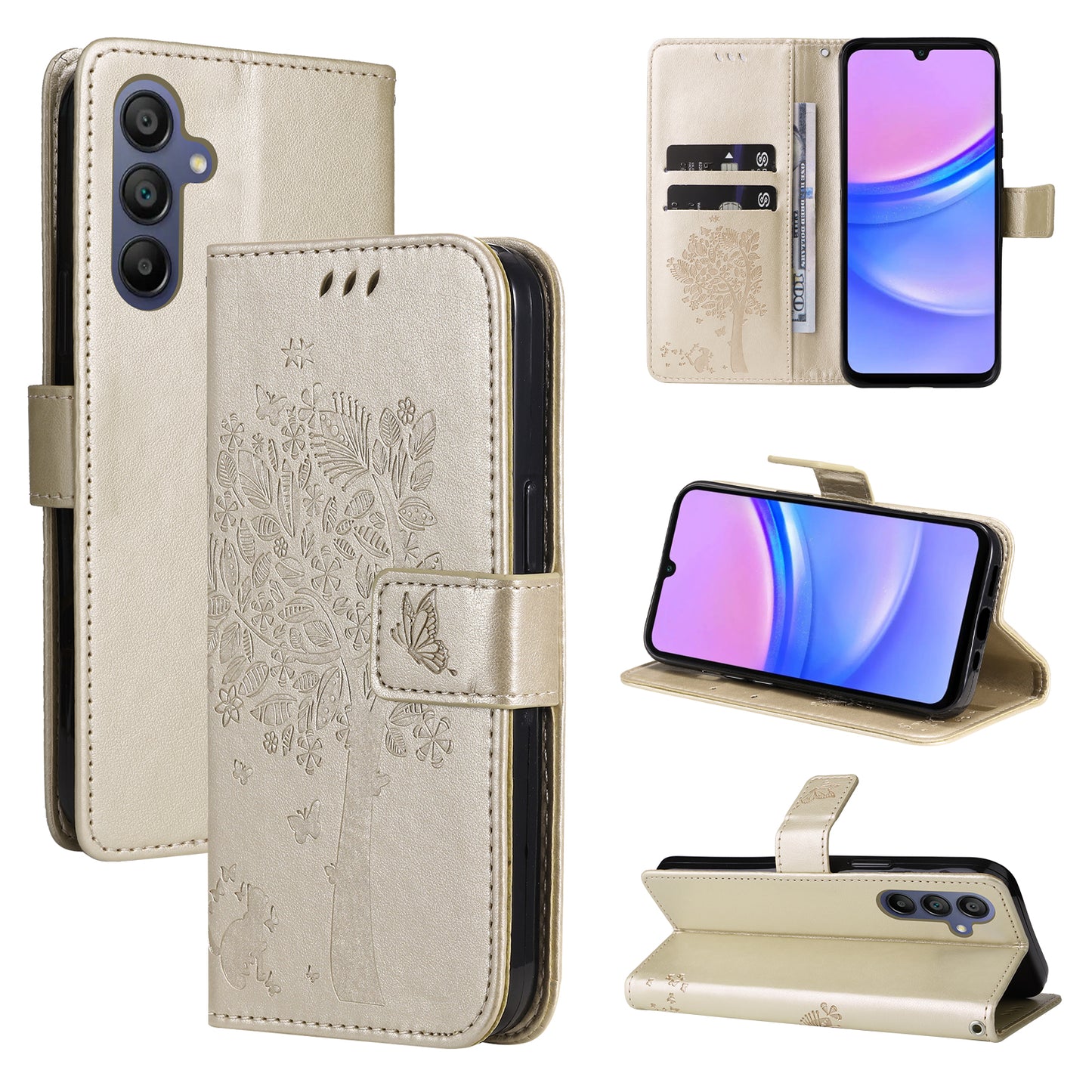 KT Imprinting Flower Series-3 For Samsung Galaxy A16 5G / A16 4G Case Cat Tree Pattern Flip Leather Phone Cover - Gold