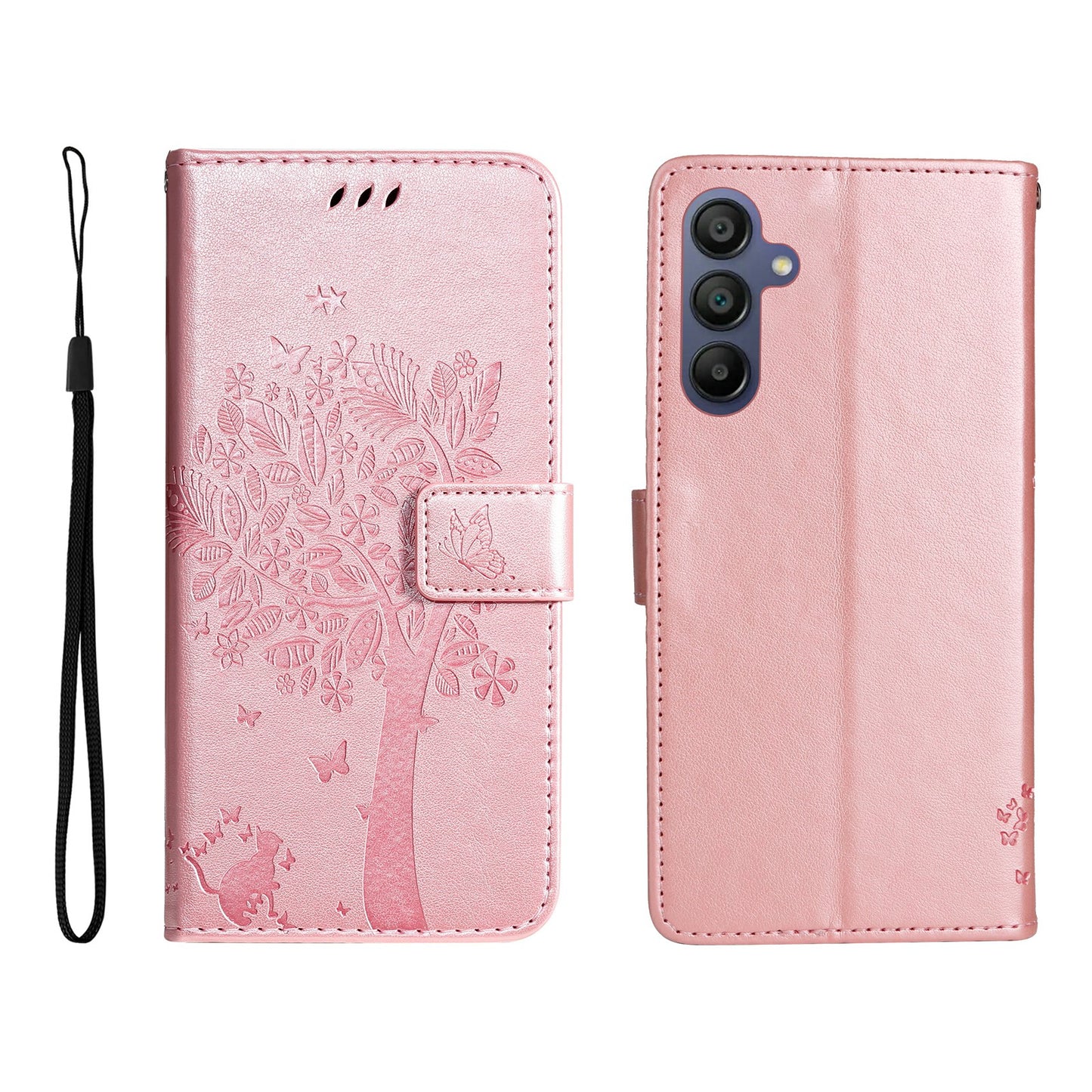 KT Imprinting Flower Series-3 For Samsung Galaxy A16 5G / A16 4G Case Cat Tree Pattern Flip Leather Phone Cover - Rose Gold