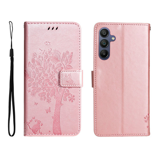 KT Imprinting Flower Series-3 For Samsung Galaxy A16 5G / A16 4G Case Cat Tree Pattern Flip Leather Phone Cover - Rose Gold