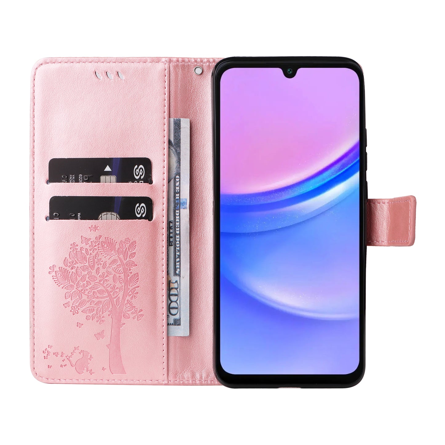 KT Imprinting Flower Series-3 For Samsung Galaxy A16 5G / A16 4G Case Cat Tree Pattern Flip Leather Phone Cover - Rose Gold