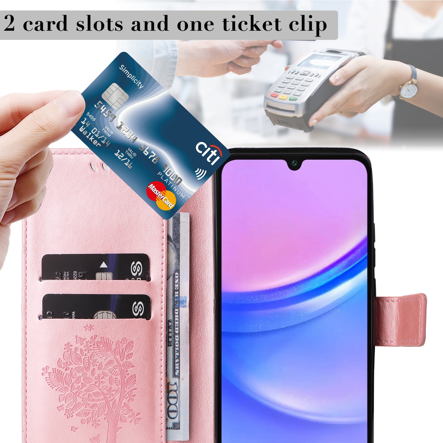 KT Imprinting Flower Series-3 For Samsung Galaxy A16 5G / A16 4G Case Cat Tree Pattern Flip Leather Phone Cover - Rose Gold